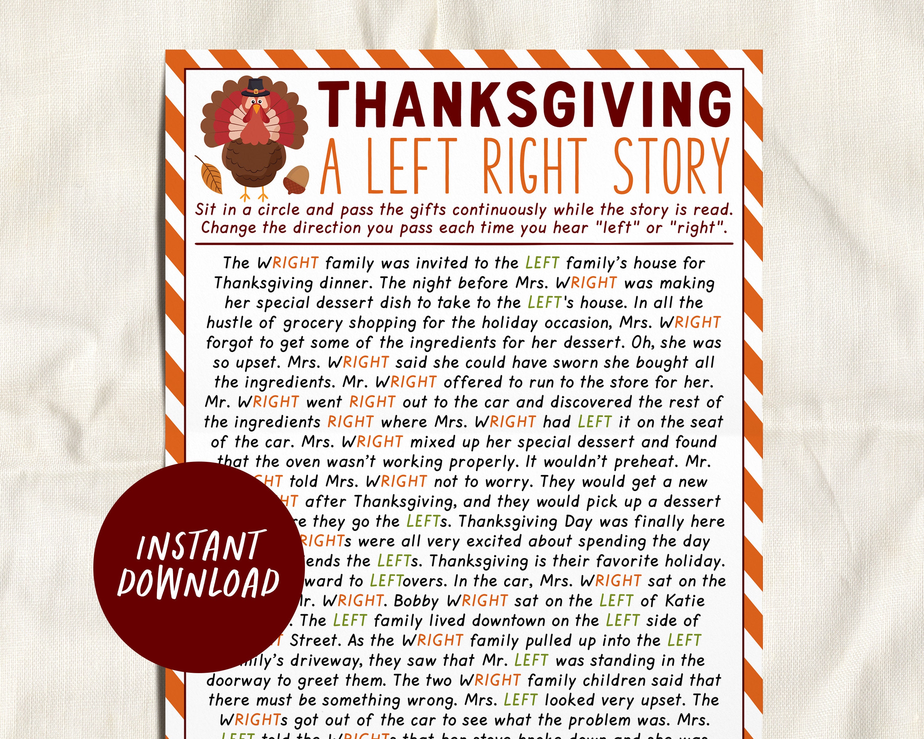 Thanksgiving Left Right Game, Left Right Story Pass the Gift Exchange