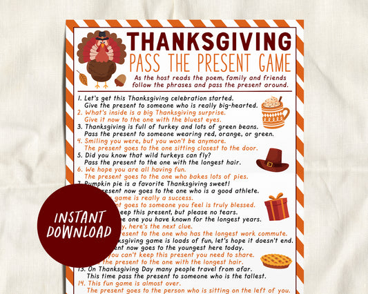 Thanksgiving Pass the Present Game, Pass the Gift Party Activity for Kids And Adults, Fall Thanksgiving Office Party Icebreaker Group Game