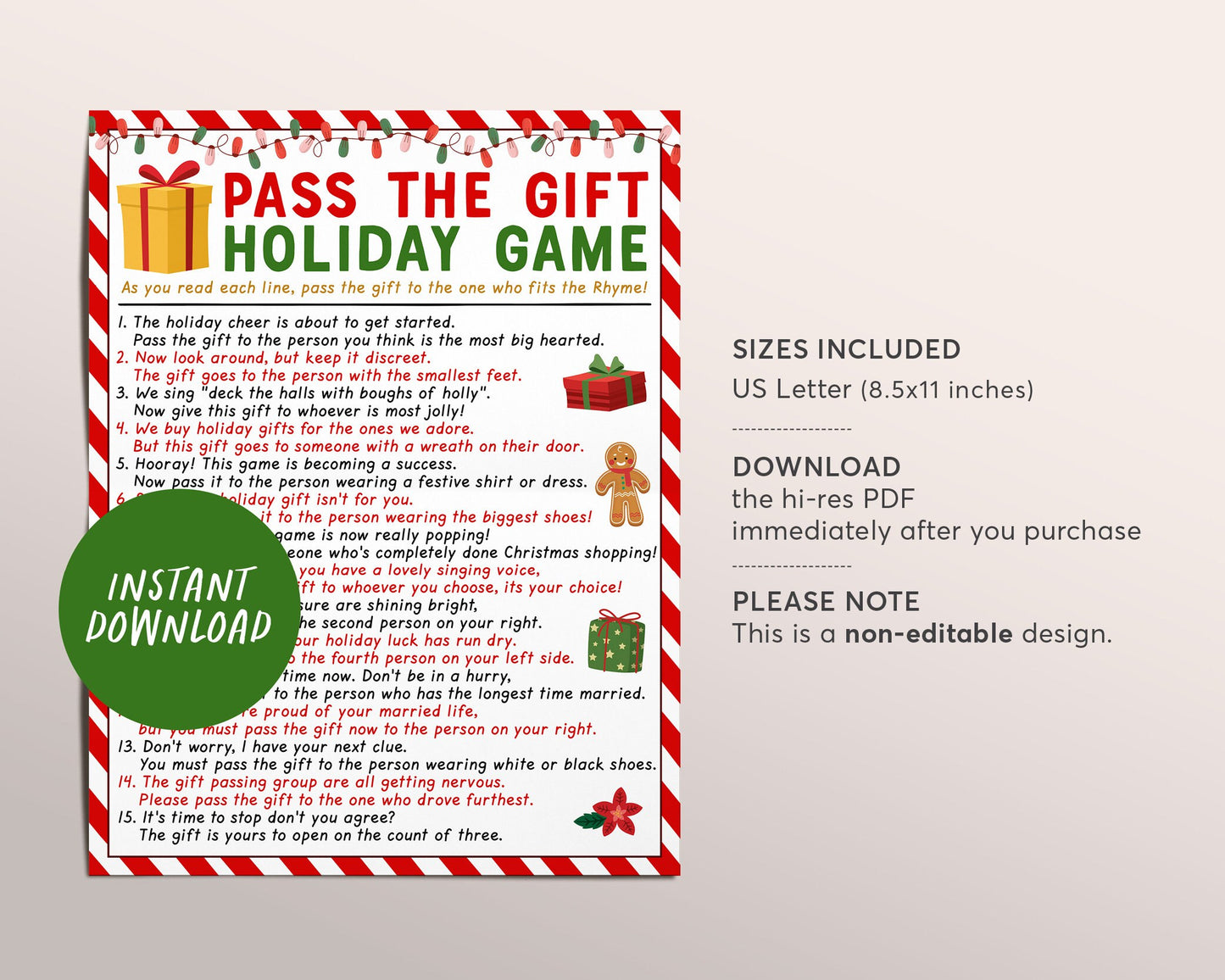 Pass the Gift Holiday Game Printable, Pass the Present Office Coworker Christmas Party Icebreaker Activity Game, Pass the Parcel Group Game