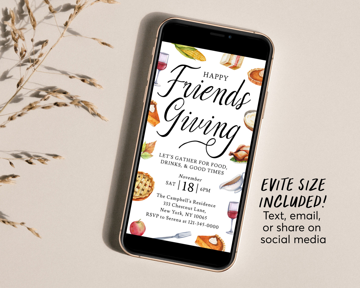 Happy Friendsgiving Invitation Editable Template, Thanksgiving Potluck Dinner Party Invite, Holiday Feast Pumpkin Pie, Autumn Brunch Lunch