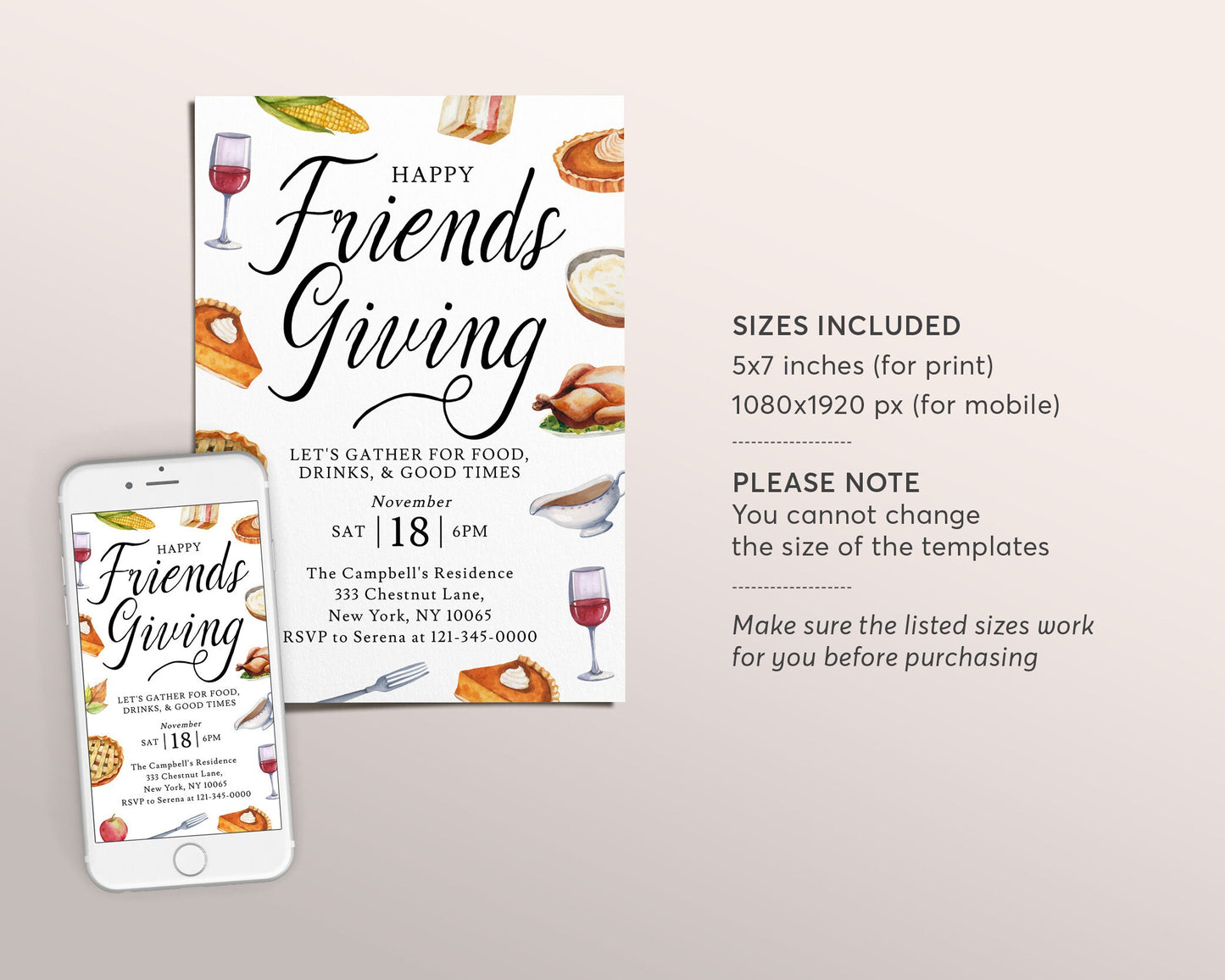 Happy Friendsgiving Invitation Editable Template, Thanksgiving Potluck Dinner Party Invite, Holiday Feast Pumpkin Pie, Autumn Brunch Lunch