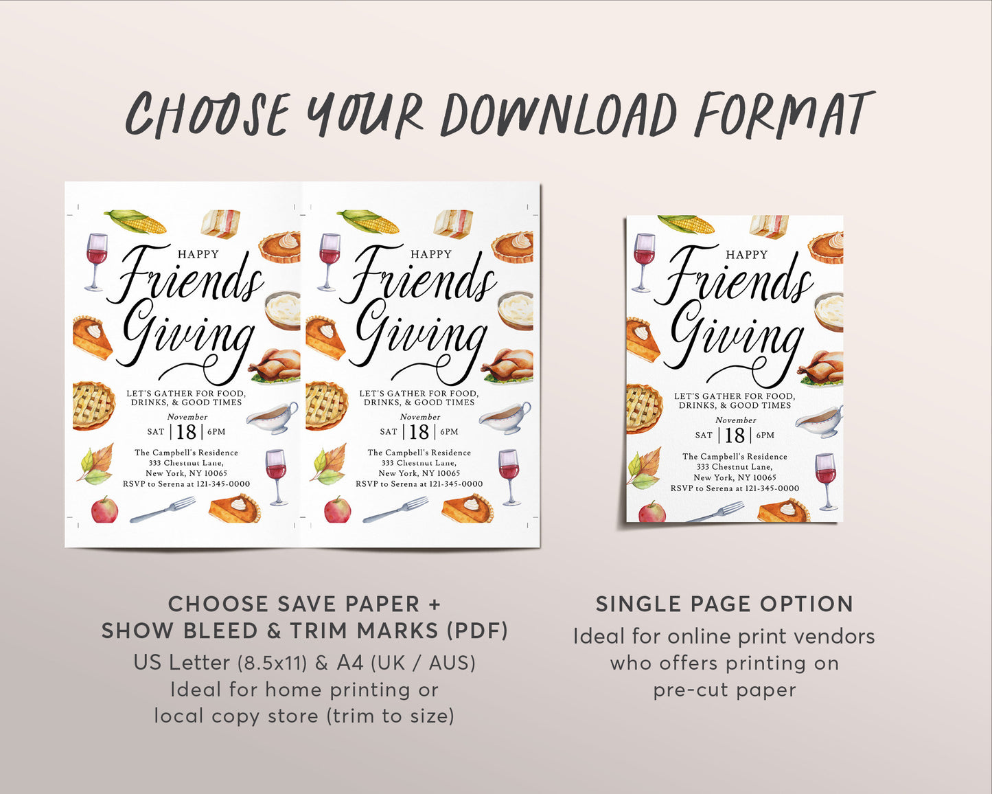 Happy Friendsgiving Invitation Editable Template, Thanksgiving Potluck Dinner Party Invite, Holiday Feast Pumpkin Pie, Autumn Brunch Lunch