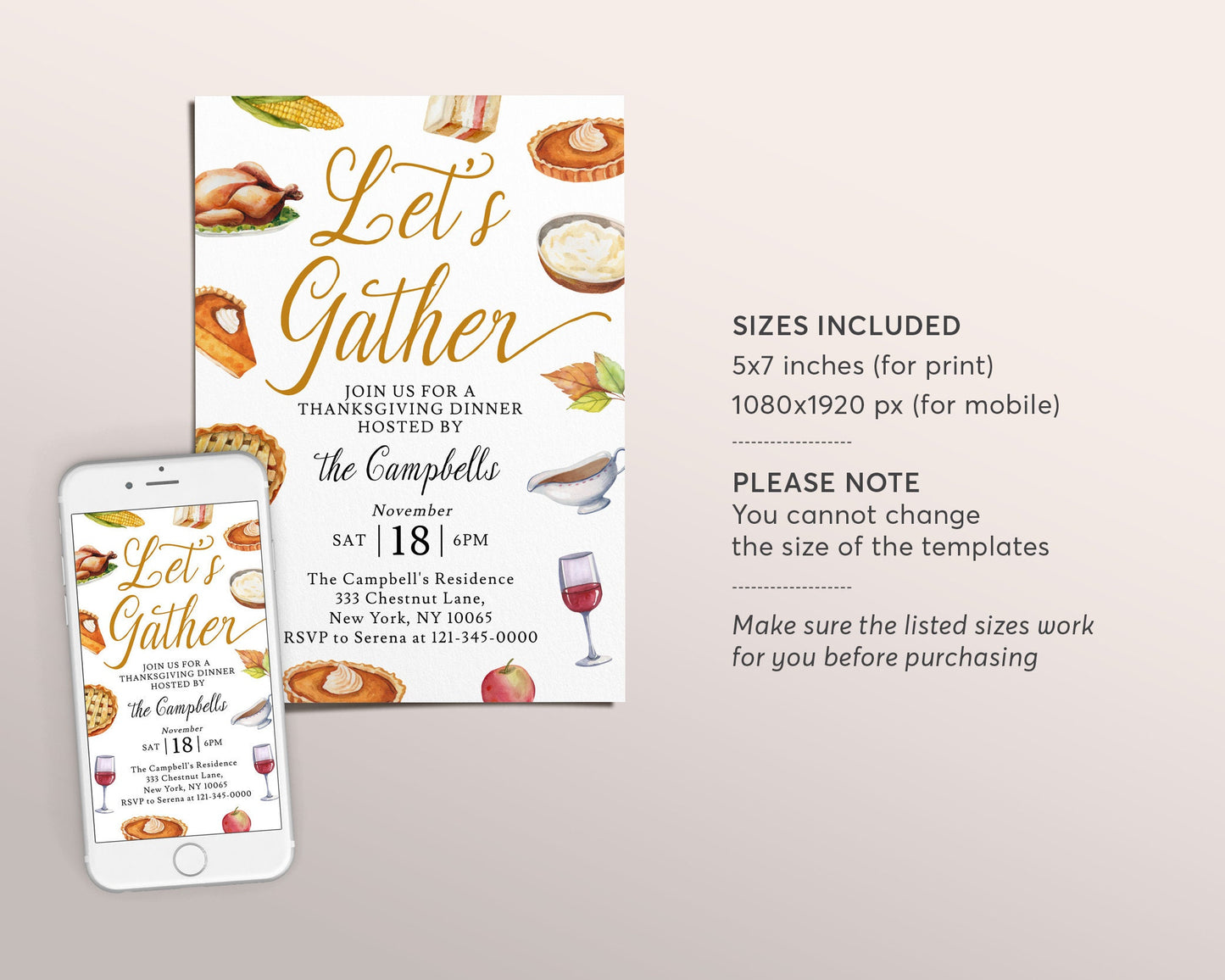 Let's Gather Thanksgiving Invitation Editable Template, Friendsgiving Potluck Dinner Party Invite, Fall Autumn Holiday Family Reunion Feast