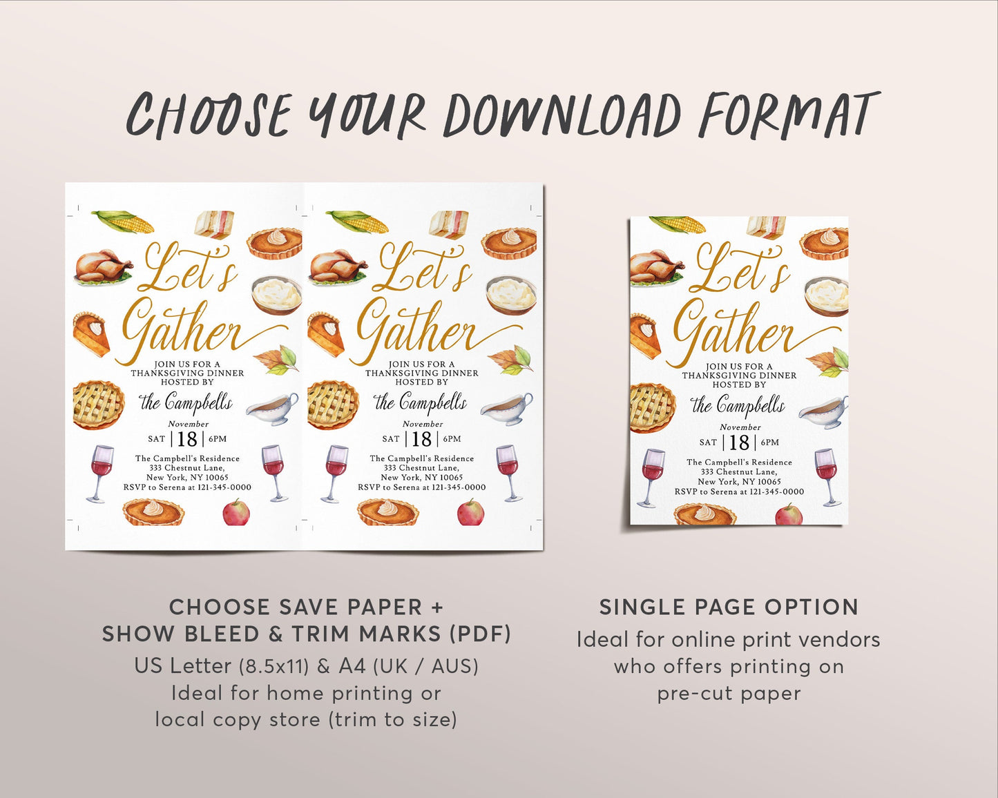 Let's Gather Thanksgiving Invitation Editable Template, Friendsgiving Potluck Dinner Party Invite, Fall Autumn Holiday Family Reunion Feast