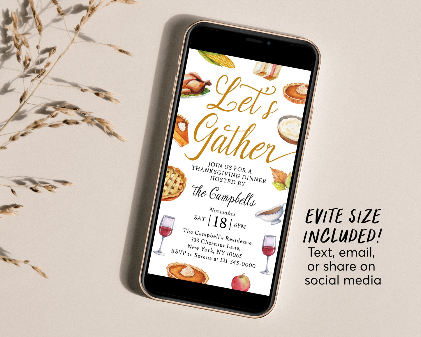 Let's Gather Thanksgiving Invitation Editable Template, Friendsgiving Potluck Dinner Party Invite, Fall Autumn Holiday Family Reunion Feast