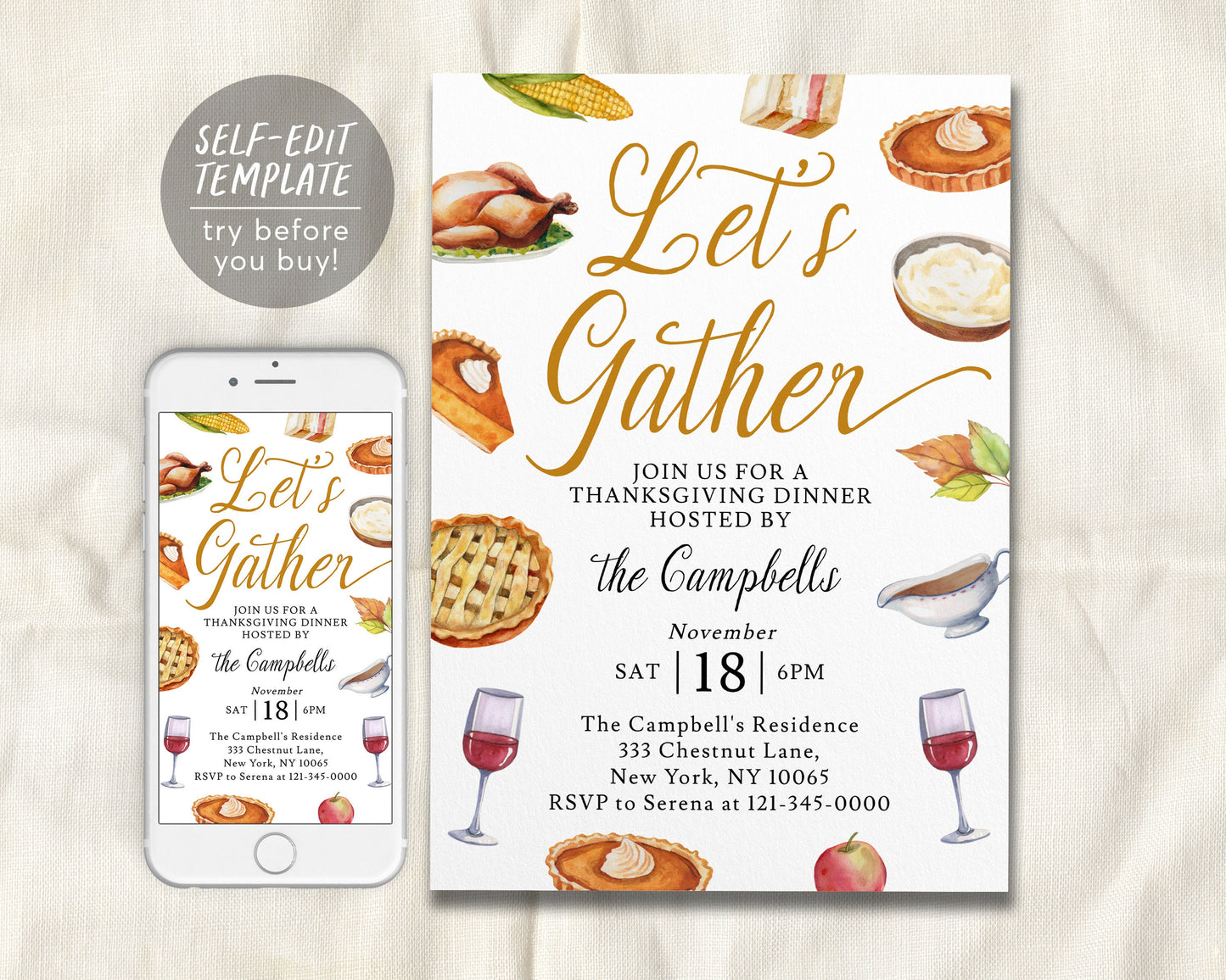 Let's Gather Thanksgiving Invitation Editable Template, Friendsgiving Potluck Dinner Party Invite, Fall Autumn Holiday Family Reunion Feast