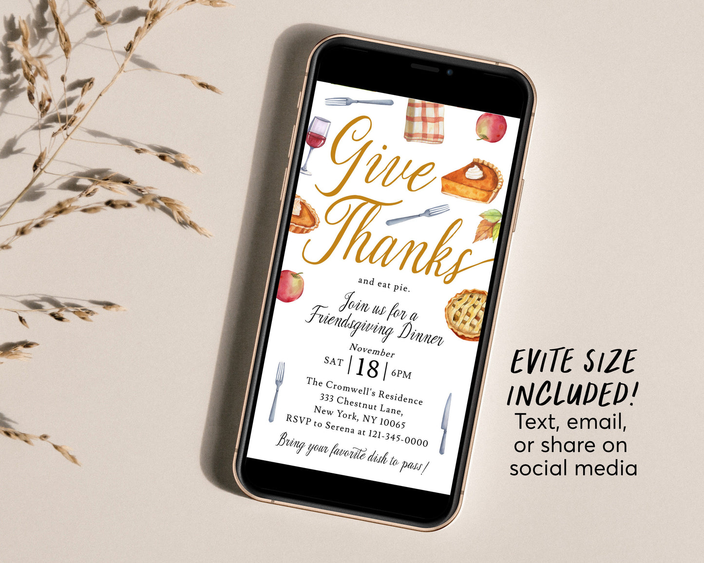 Friendsgiving Give Thanks And Eat Pie Invitation Editable Template, Funny Thanksgiving Potluck Dinner Party Invite Holiday Pumpkin Apple Pie