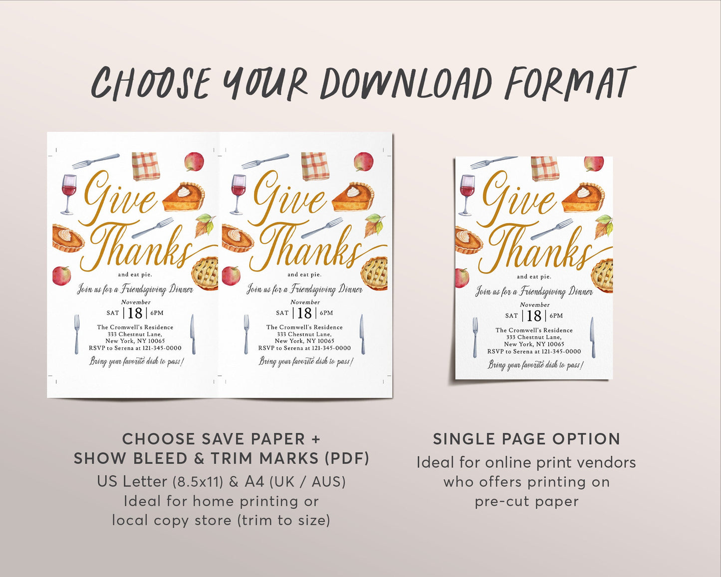 Friendsgiving Give Thanks And Eat Pie Invitation Editable Template, Funny Thanksgiving Potluck Dinner Party Invite Holiday Pumpkin Apple Pie