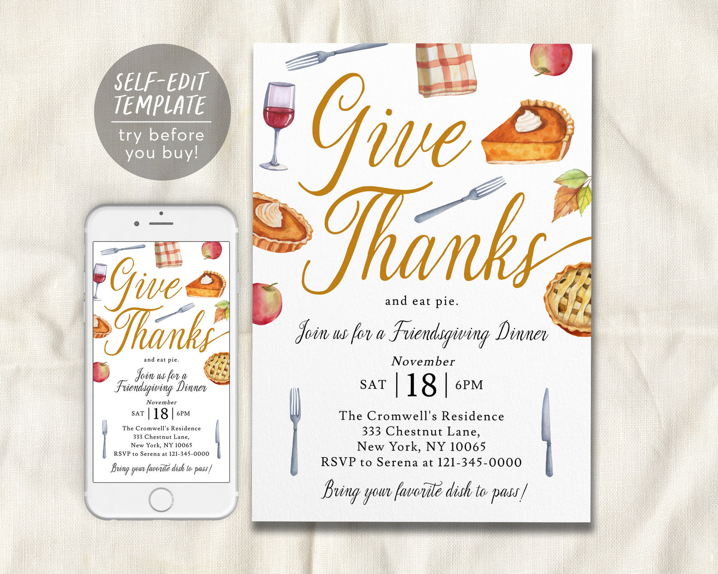 Friendsgiving Give Thanks And Eat Pie Invitation Editable Template, Funny Thanksgiving Potluck Dinner Party Invite Holiday Pumpkin Apple Pie