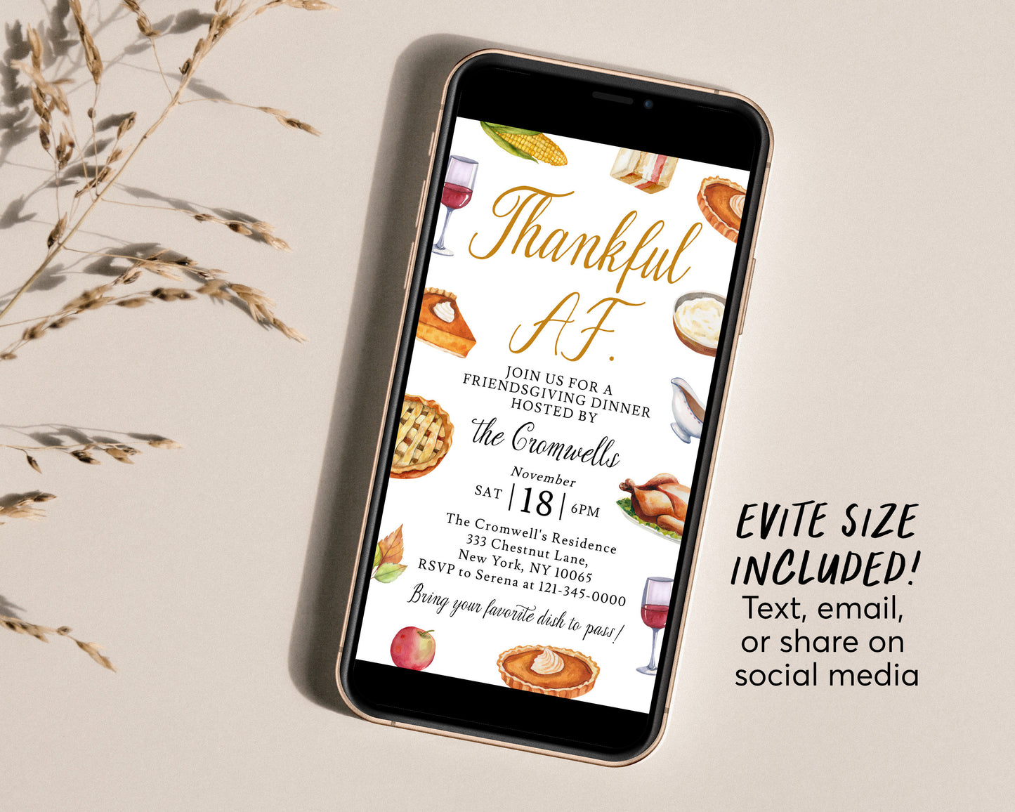 Friendsgiving Thankful AF Invitation Editable Template, Funny Thanksgiving Feast Potluck Dinner Party Invite, Fall Themed Holiday Turkey