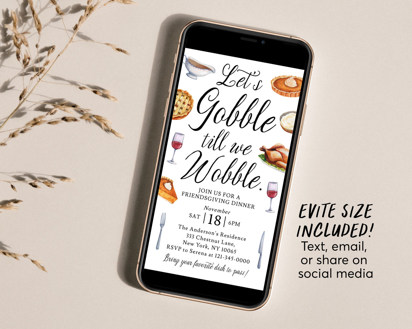Gobble Till We Wobble Friendsgiving Invitation Editable Template, Funny Thanksgiving Potluck Dinner Party Invite, Holiday Feast Pumpkin Pie