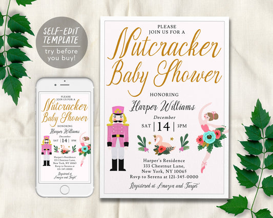 Nutcracker Girl Baby Shower Invitation Editable Template