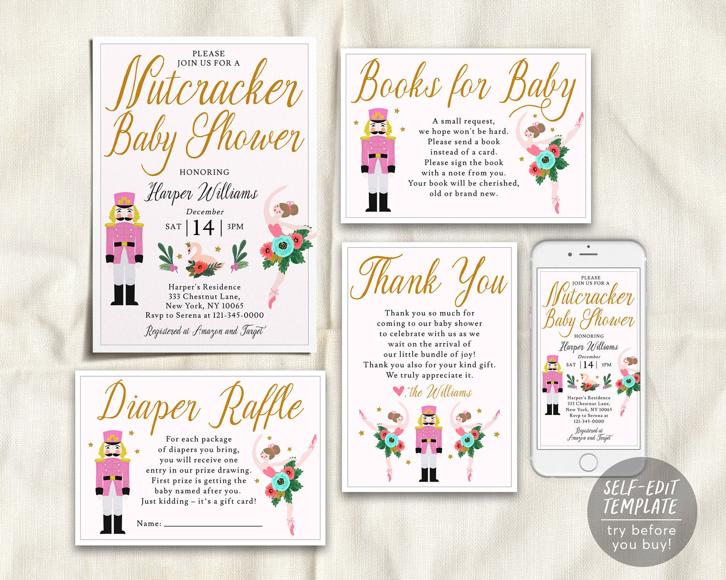 Nutcracker Baby Shower BUNDLE Invitation Suite Set Editable Template