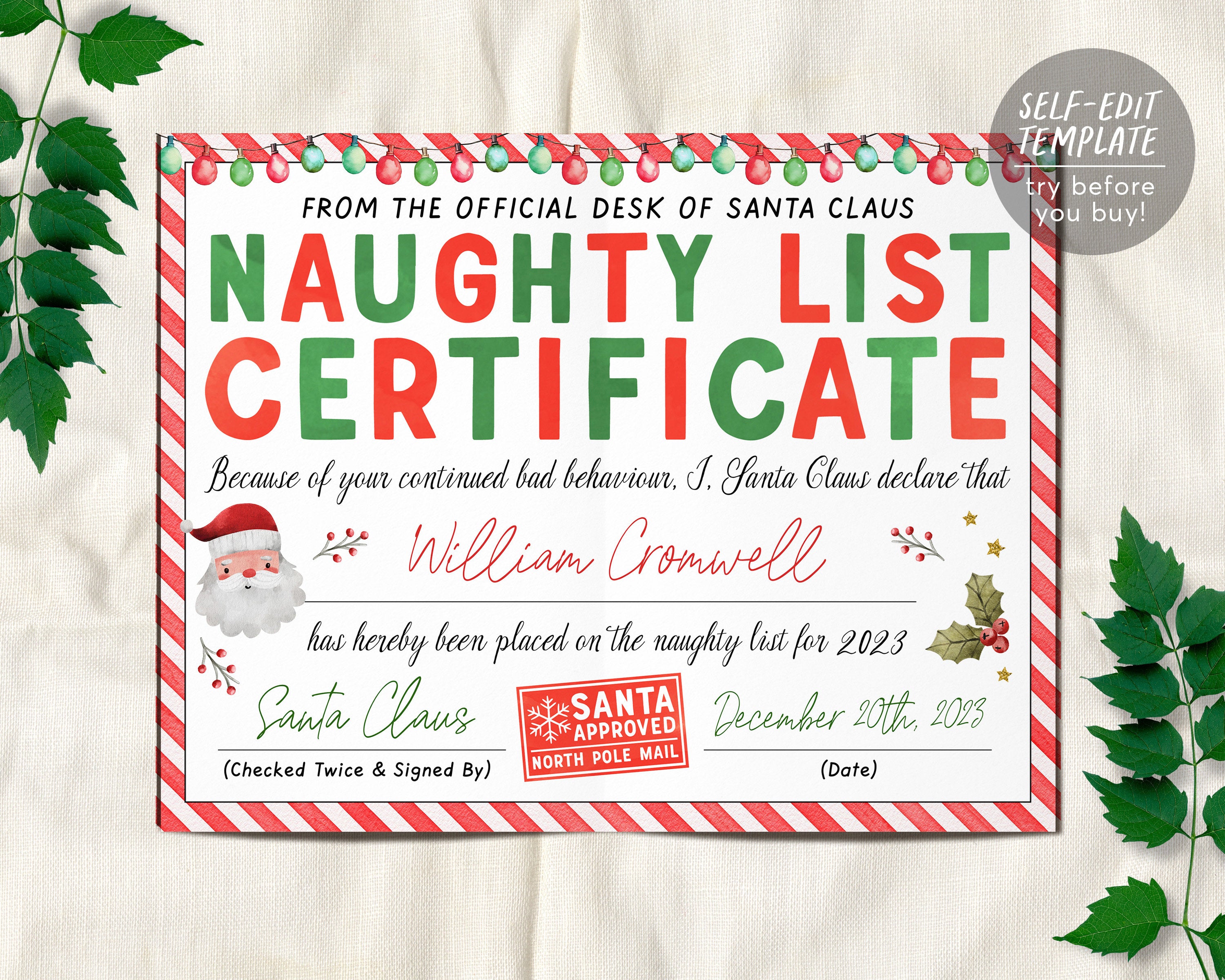 Santas Naughty List Certificate Editable Template Warning Letter from Santas Naughty List Certificate Editable Template Warning Letter from