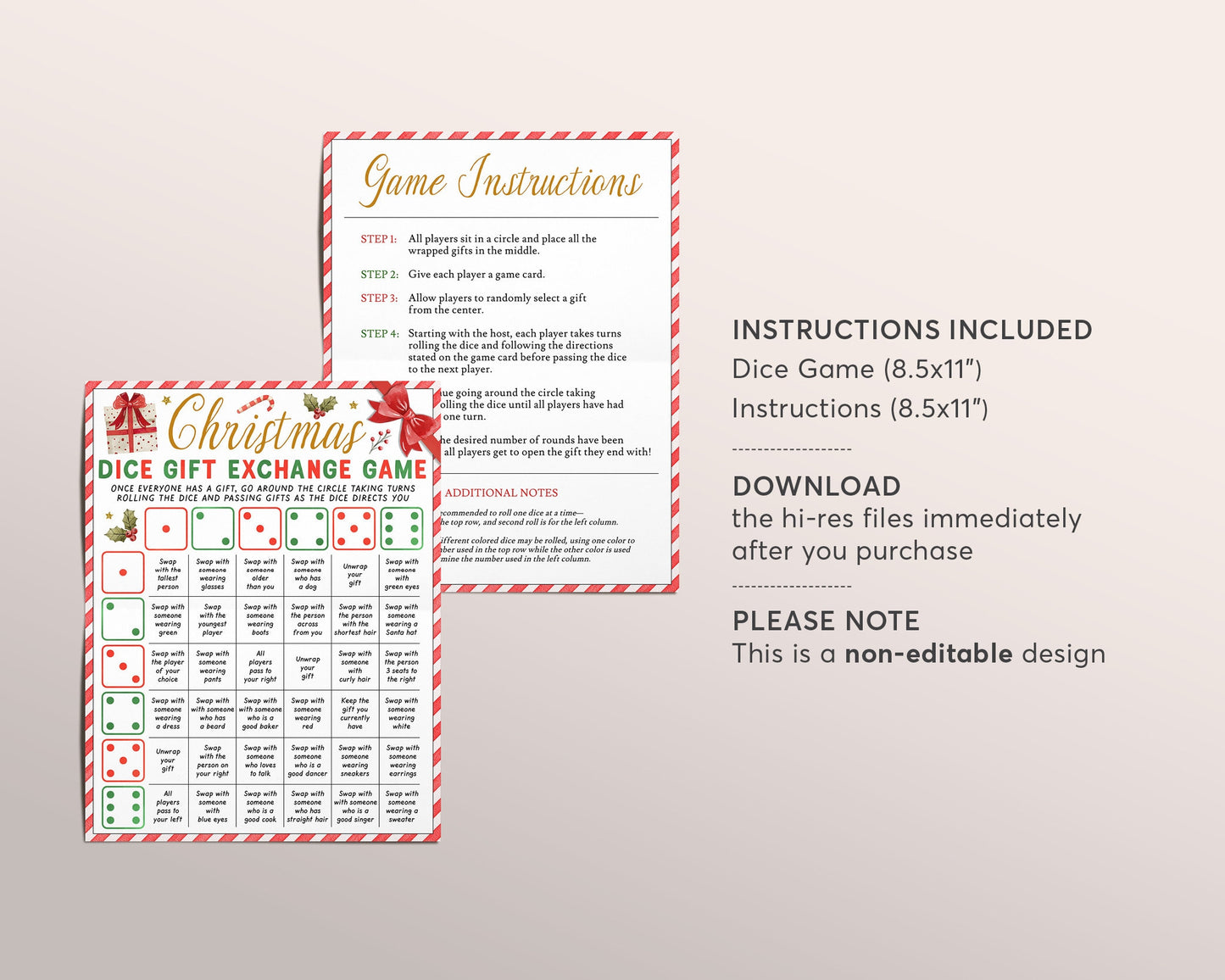 Christmas Gift Exchange Dice Game Printable, White Elephant Holiday Gift Swap Family Group Party Game For Christmas Party, Roll the Dice,