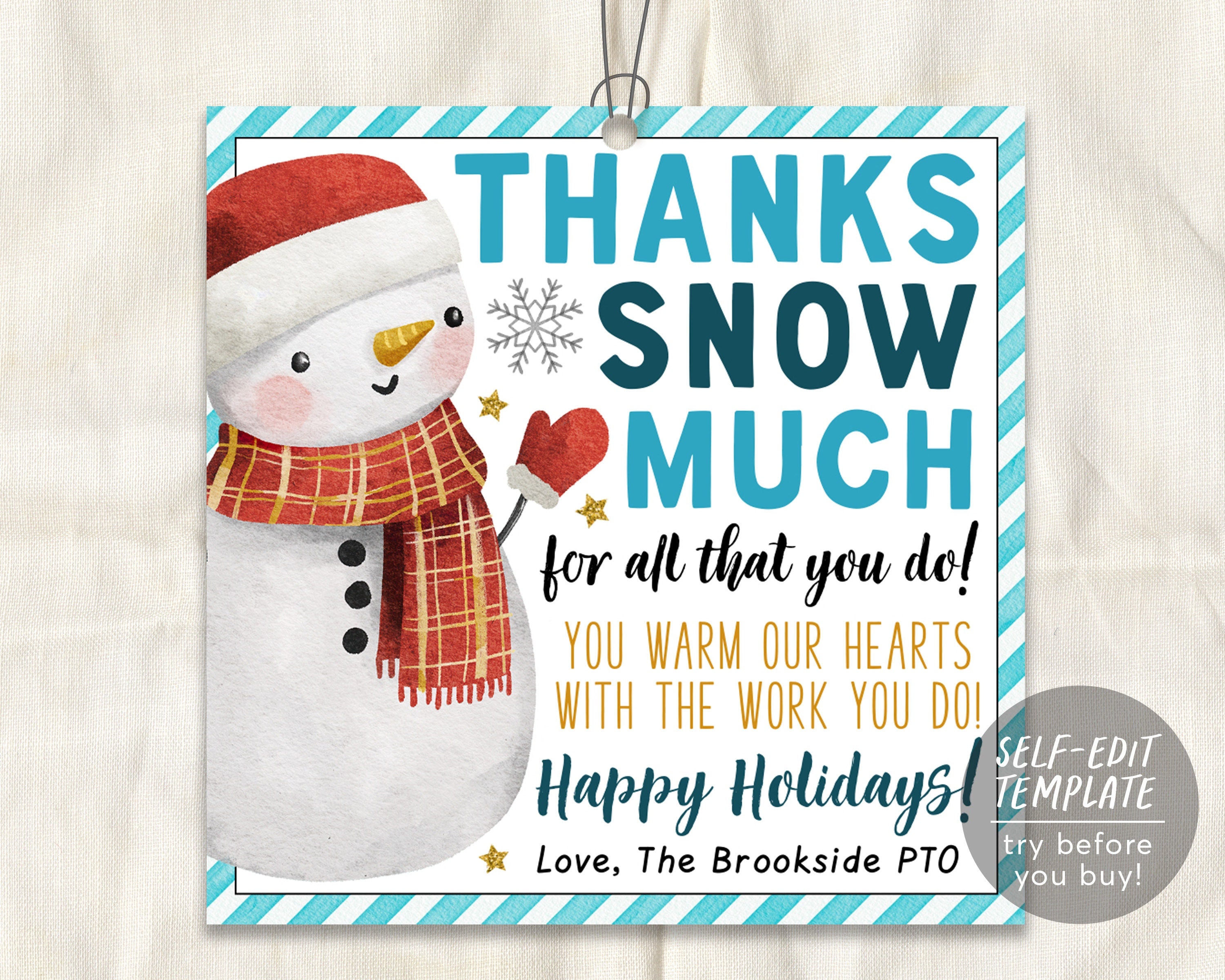 Christmas Gift Tags Editable Template, Thank You Snow Much For All You Do  Snowman Winter, Staff Teacher Employee Holiday Gift Appreciation