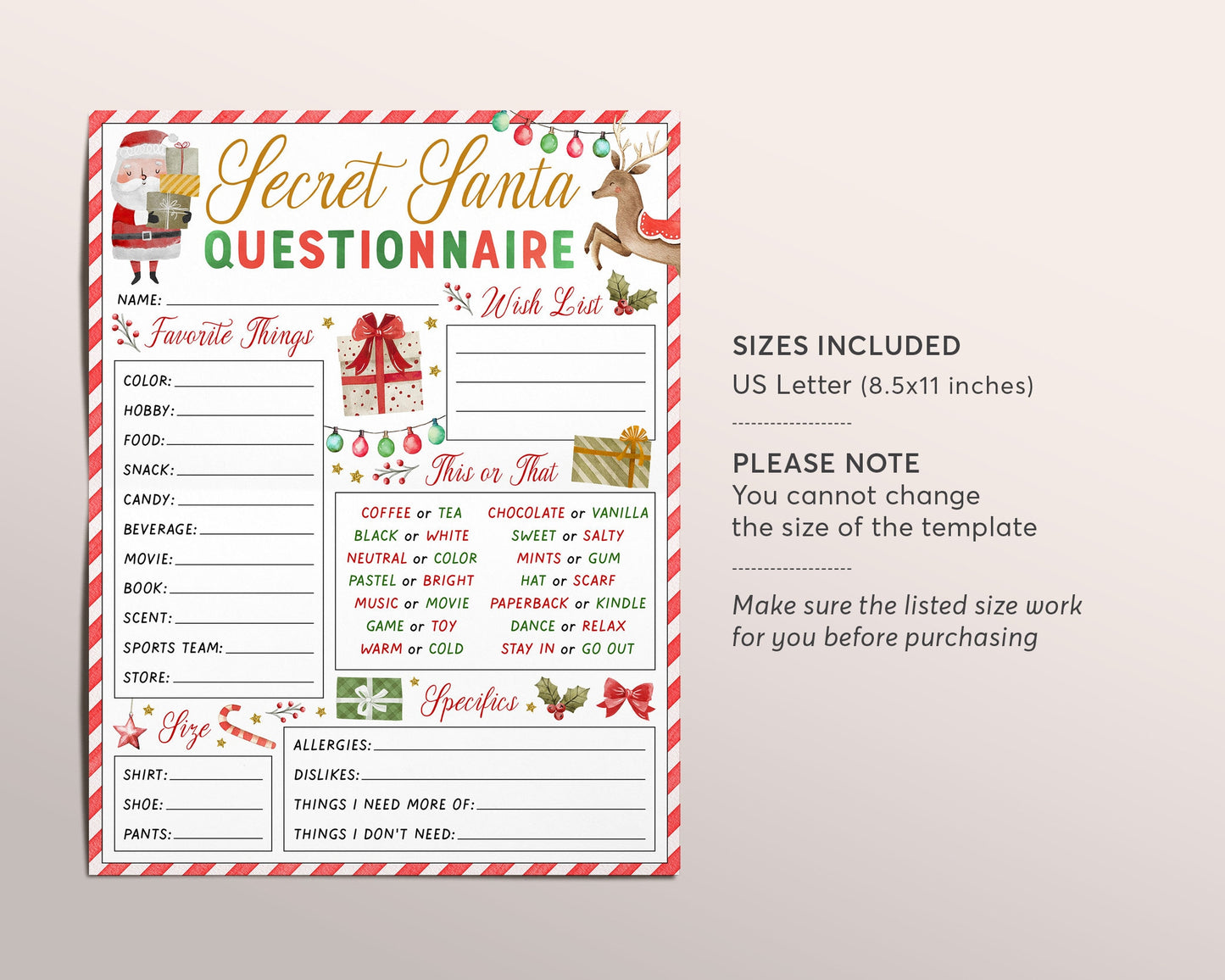 Secret Santa Gift Exchange Questionnaire Editable Template, Holiday Christmas Form Present Swap Wishlist Printable, Office Santa Party Games