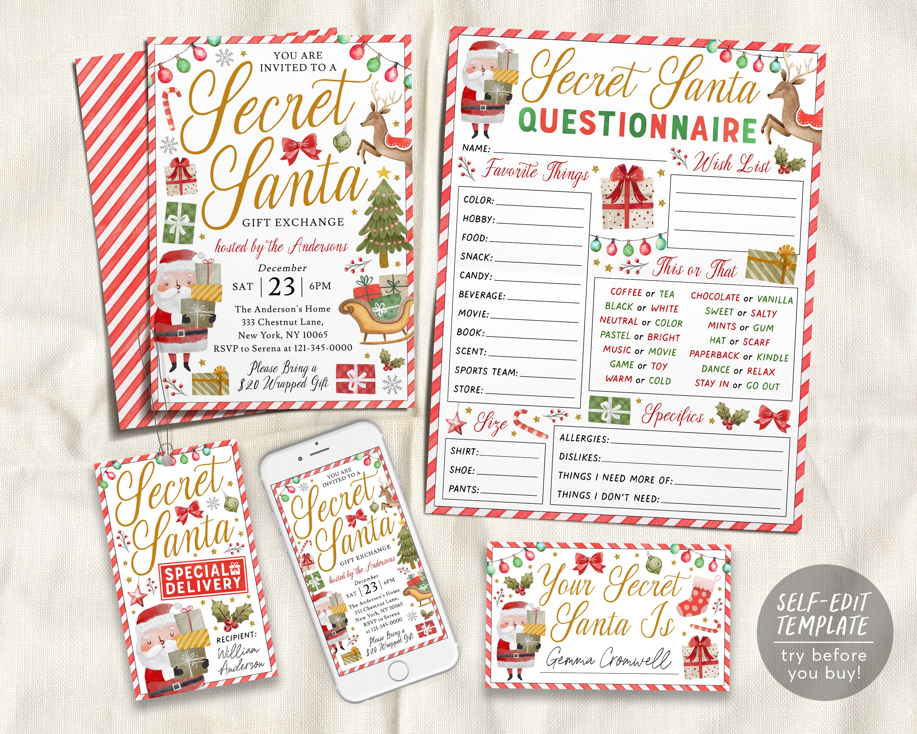 Secret Santa BUNDLE Kit Printable Editable Template Secret Santa Invi Secret Santa BUNDLE Kit Printable Editable Template Secret Santa Invi