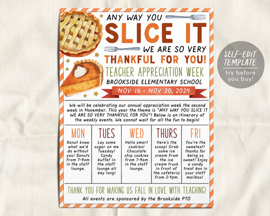 Fall Theme Teacher Staff Appreciation Week Itinerary Schedule Flyer Editable Template