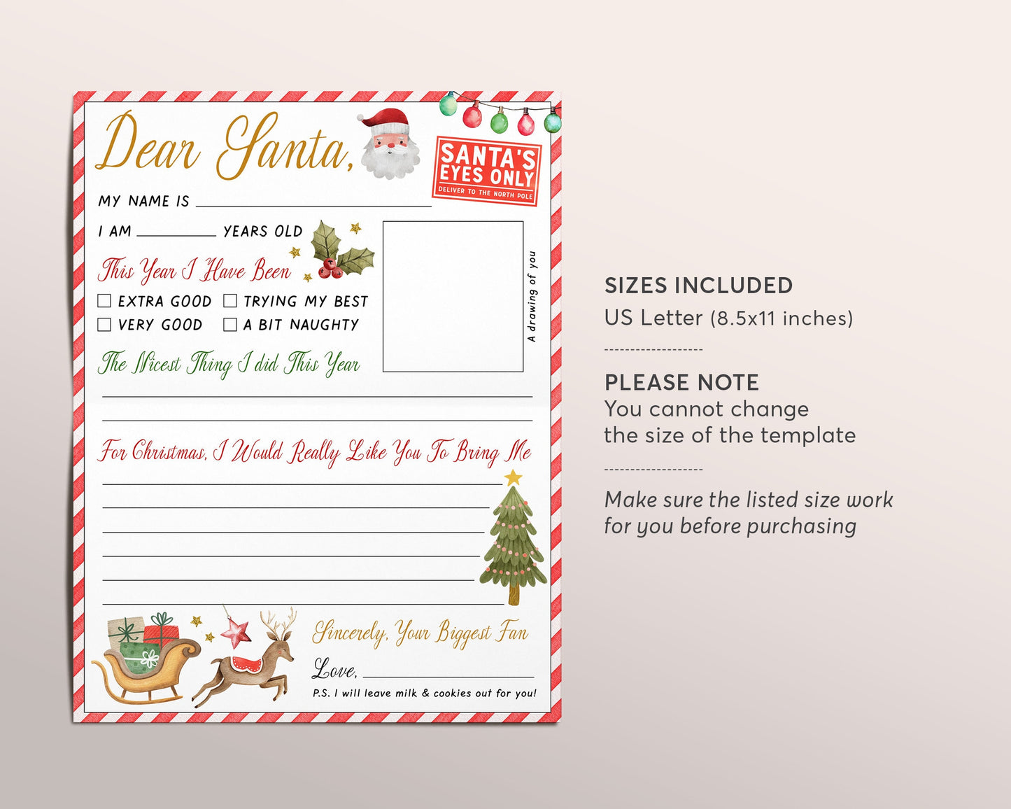 Letter to Santa Editable Template, Christmas Holidays Wish List for Kids, Personalized Dear Santa Letter, Christmas Traditions Activity Mail