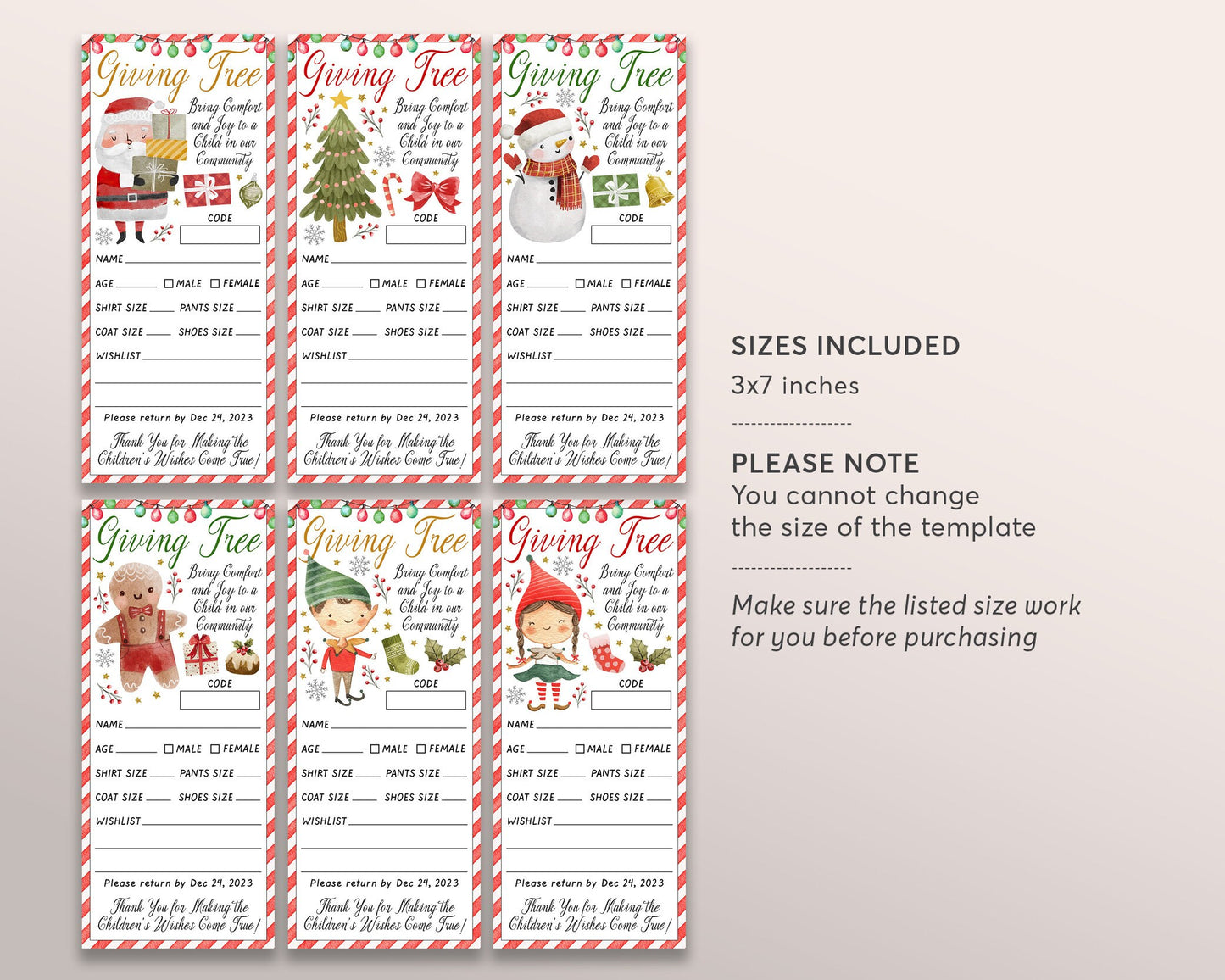 Christmas Giving Tree Gift Tag BUNDLE Editable Template, Donation Slip With Santa Elf Printable, Charity Community Event Church School DIY