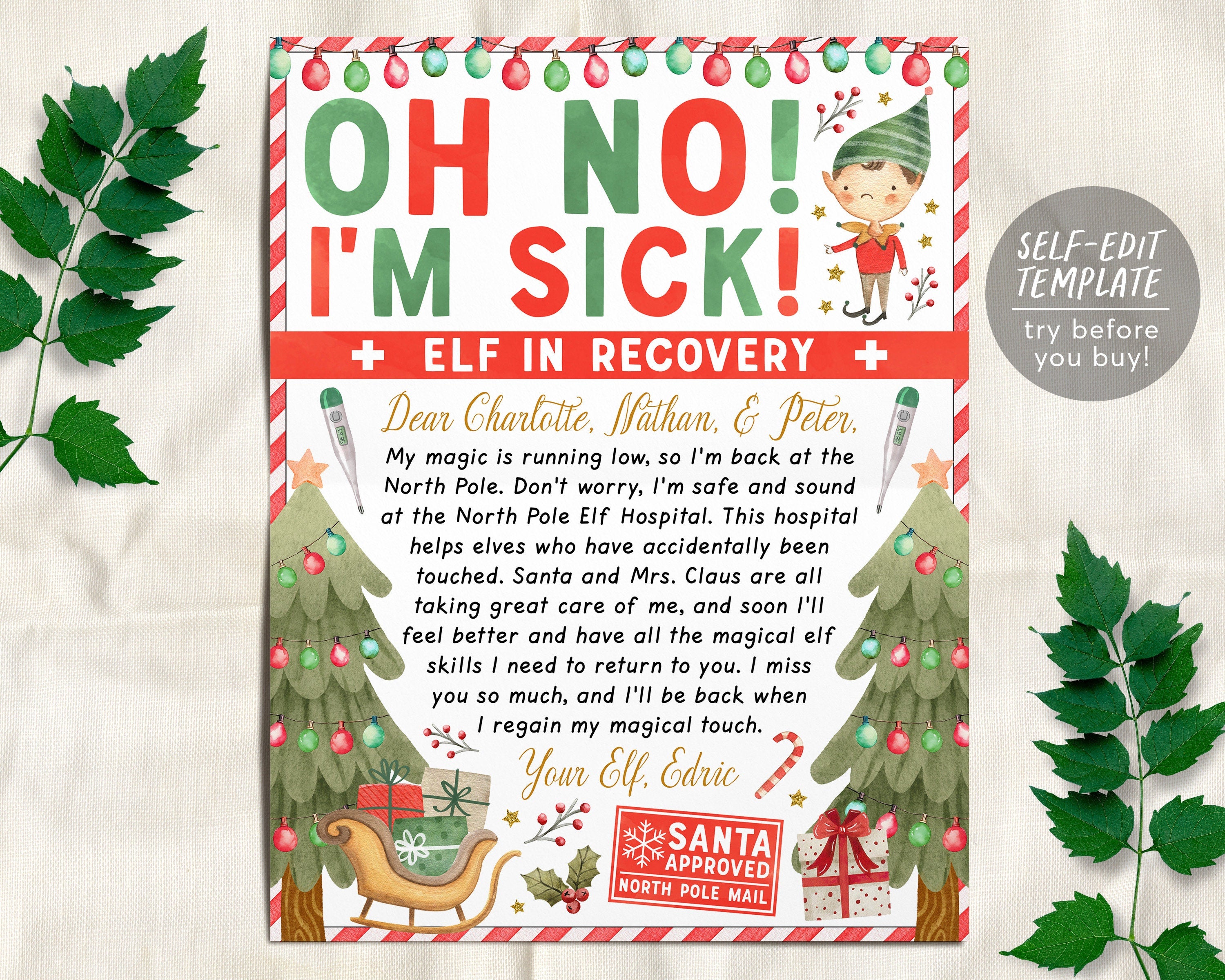 christmas elf recovery letter editable template, elf lost magic letter, oh no i'm sick if elf was touched letter printable, boy or girl elf