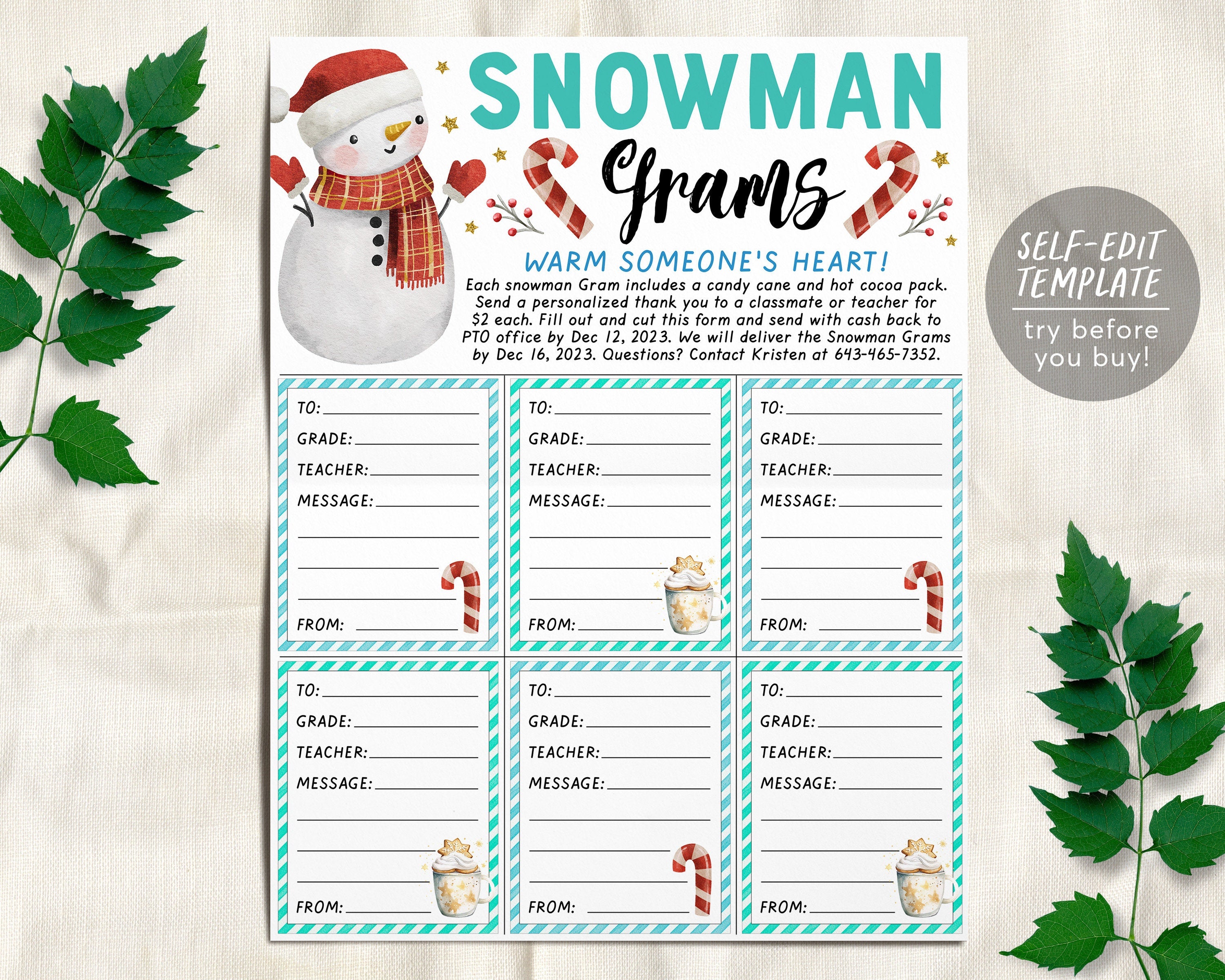 Snowman Christmas Gram Fundraiser Flyer Editable Template, Holiday Win