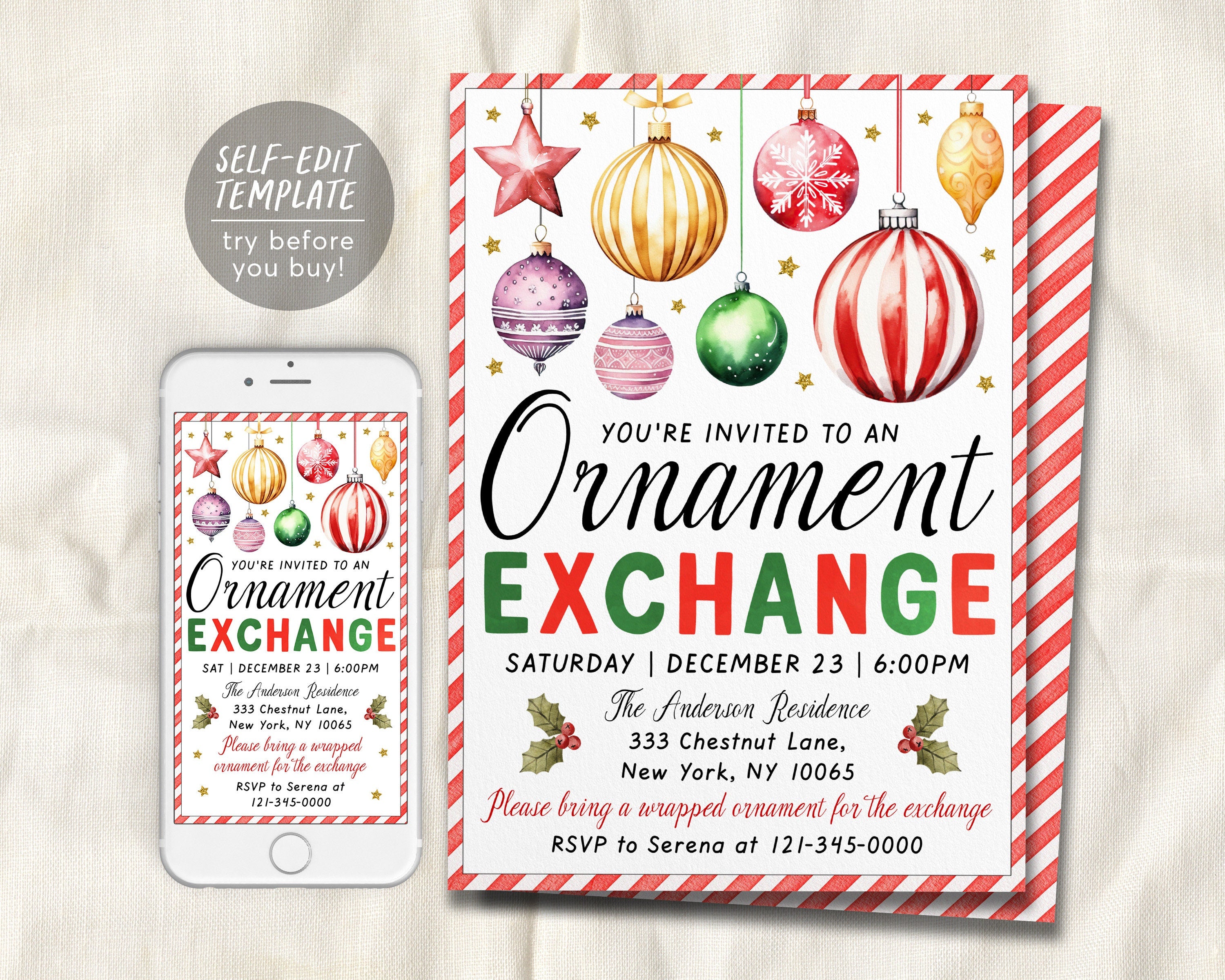 Christmas Ornament Exchange Party Invitation Editable Template Christ