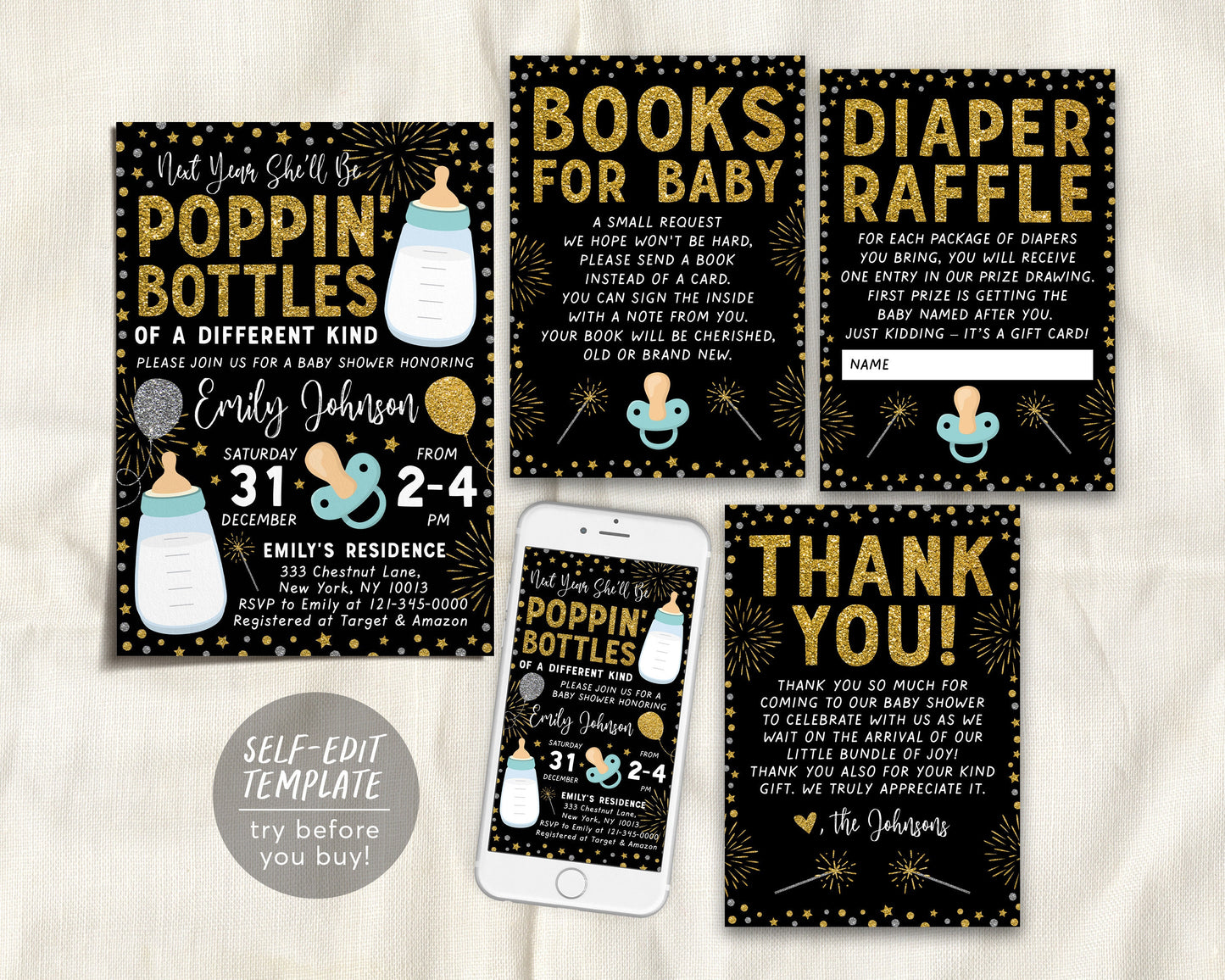 New Years BOY Baby Shower BUNDLE Invitation Suite Set Editable Template