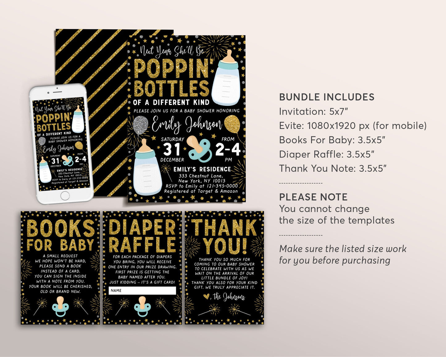 New Years BOY Baby Shower BUNDLE Invitation Suite Set Editable Template, Poppin Bottles Invite Books For Baby Diaper Raffle Thank You DIY