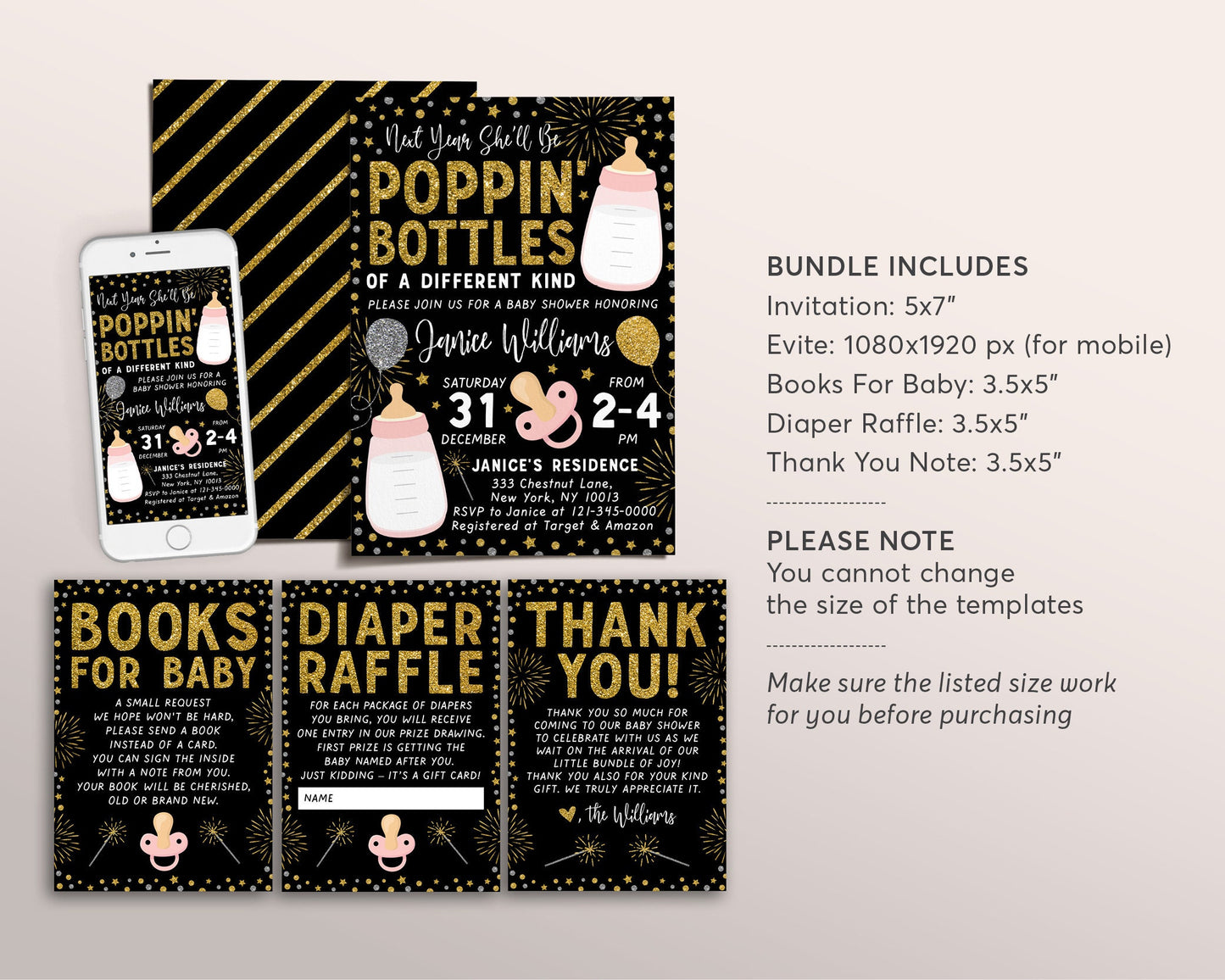New Years GIRL Baby Shower BUNDLE Invitation Suite Set Editable Template, Poppin Bottles Invite Books For Baby Diaper Raffle Thank You DIY