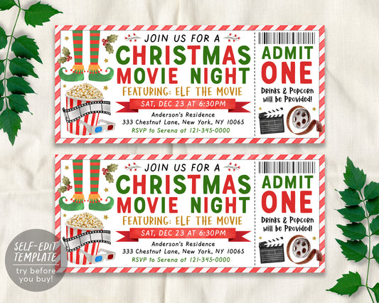 Elf Christmas Movie Ticket Invitation Editable Template, Xmas Holiday Movie Night Party Ticket Invite Printable, Winter Outdoor Popcorn DIY