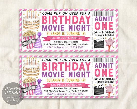 Movie Ticket Birthday Invitation Editable Template, Pink Cinema Movie Night Birthday Party Invite For Kids Printable, Pop On Over Sleepover