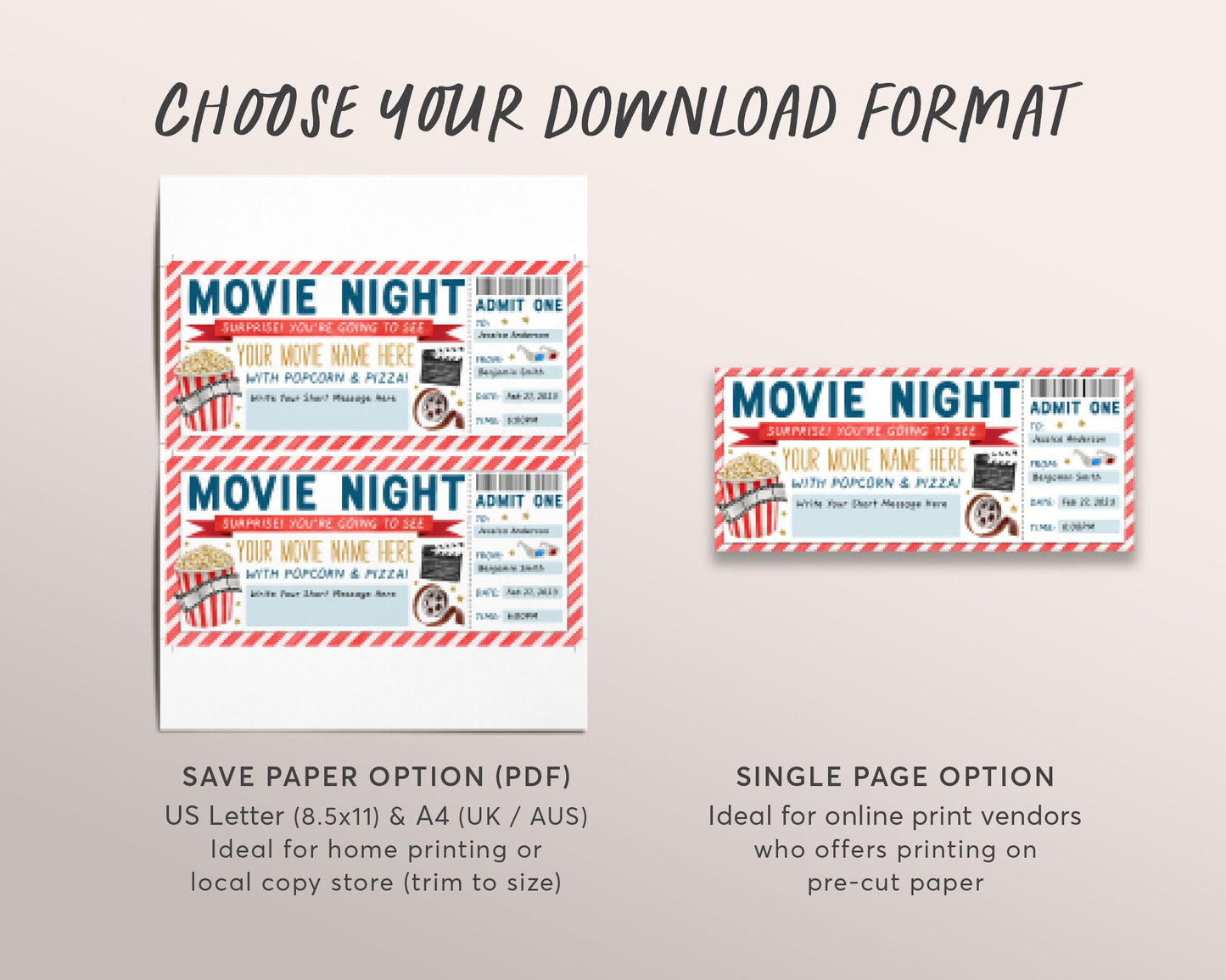 Surprise Movie Night Ticket Editable Template, Movie Gift Certificate Voucher Invitation Printable, Cinema Theater Drive-In Movie Ticket