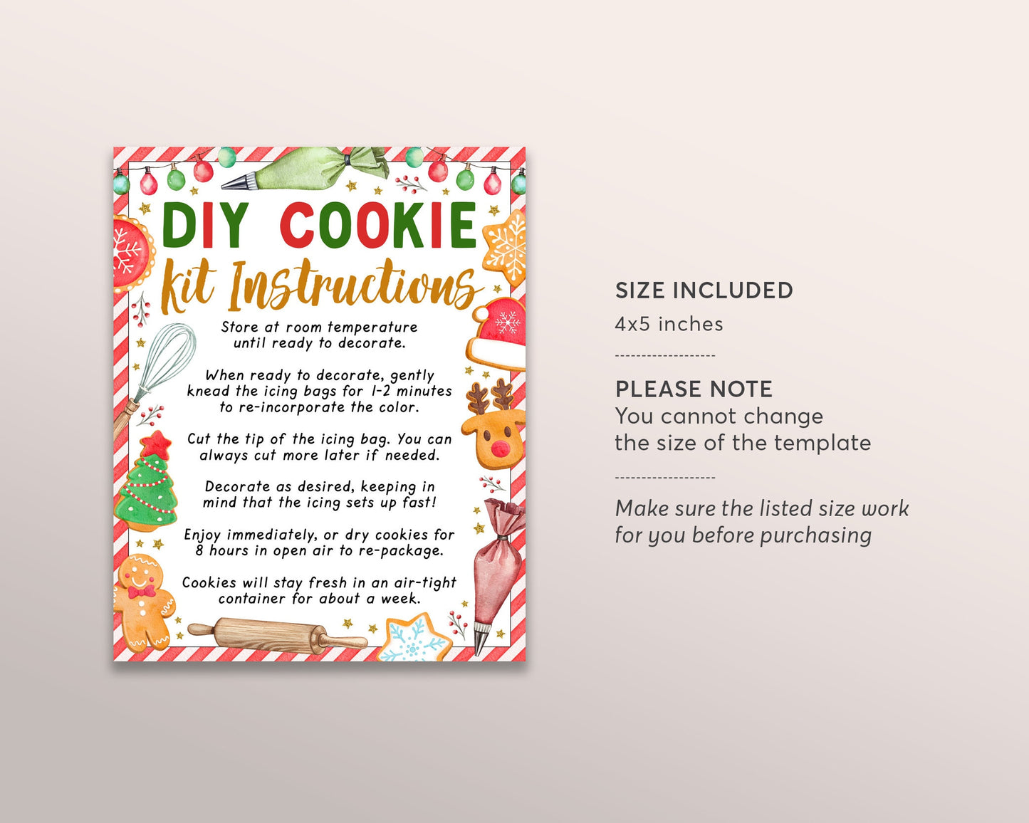 Christmas DIY Cookie Kit Instructions Card Editable Template, Xmas Holiday Cookie Decorating Party Kit Gift Tag Printable, Winter Activity