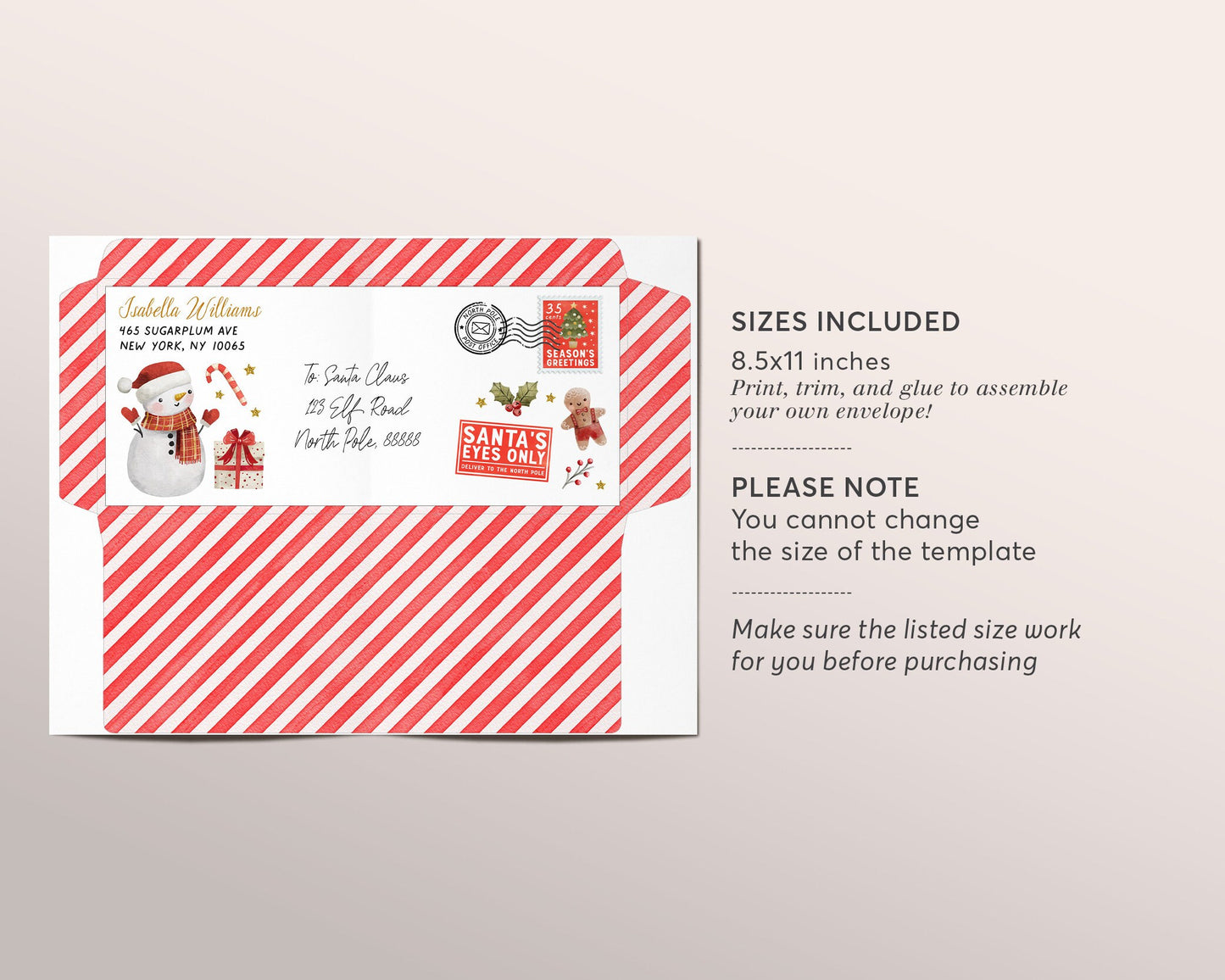 Letter TO Santa Envelope Editable Template, Printable Christmas Wishlist Envelope Address Dear Santa Letter Kit Letter TO North Pole Snowman