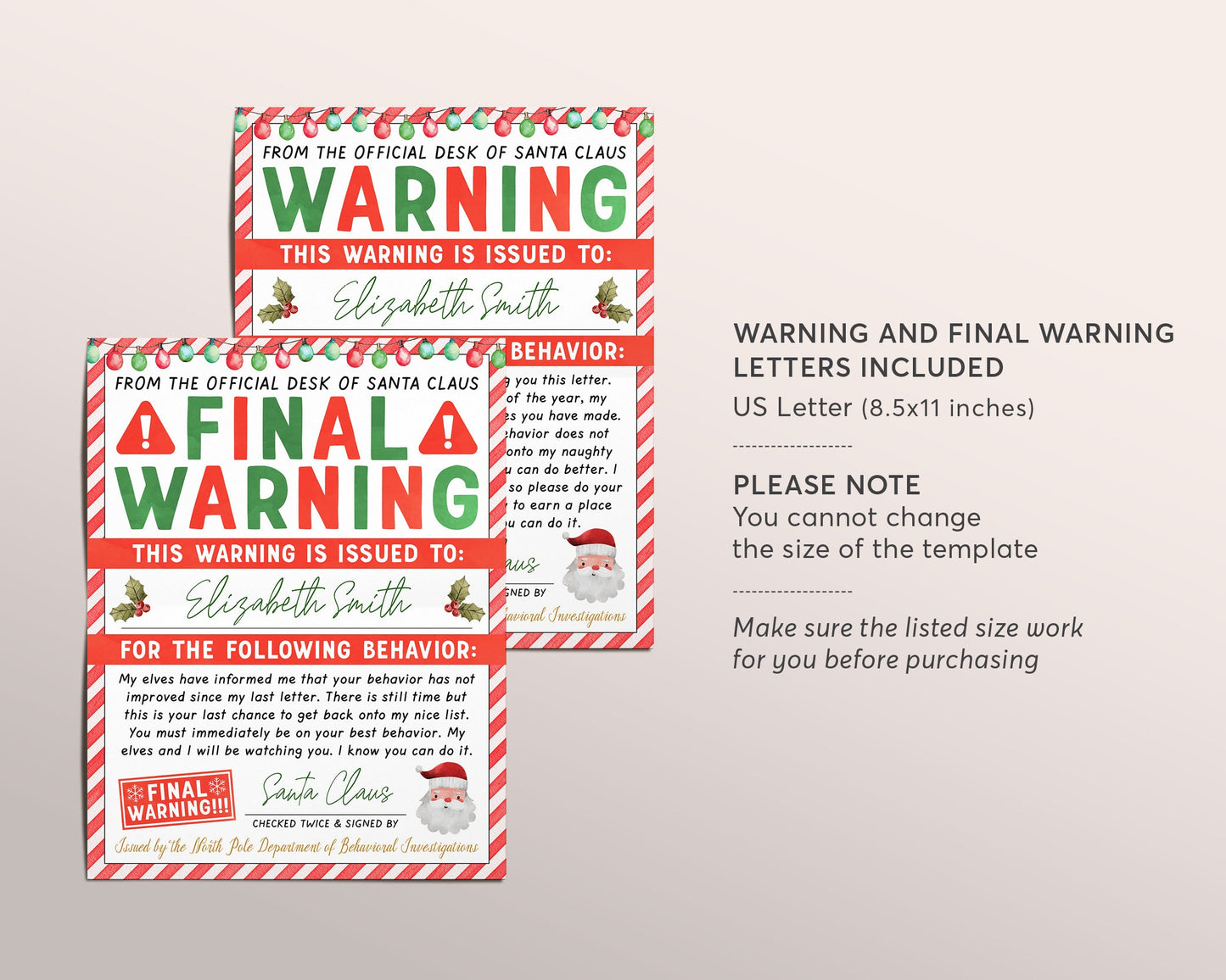 Santa Final Warning Letter Editable Template, Official Desk Of Santa Claus, Christmas Behavior Report, Elf Surveillance Nice Naughty List