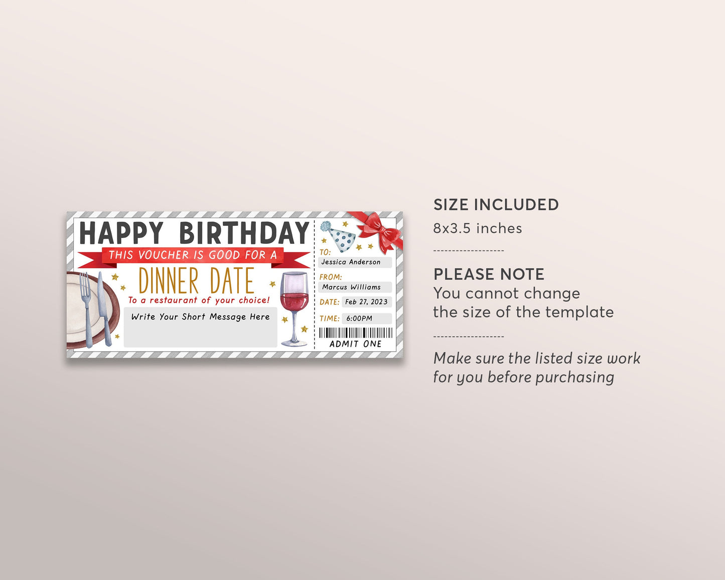Birthday Restaurant Gift Voucher Editable Template, Surprise Dinner Date Gift Certificate Invite Printable Dining Night Out Gift Reservation