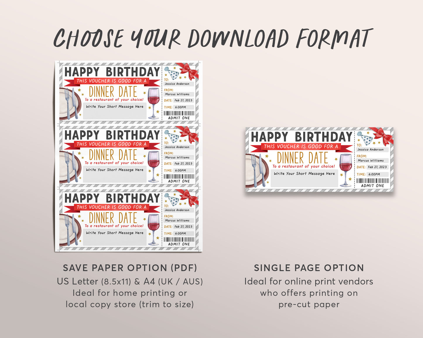 Birthday Restaurant Gift Voucher Editable Template, Surprise Dinner Date Gift Certificate Invite Printable Dining Night Out Gift Reservation