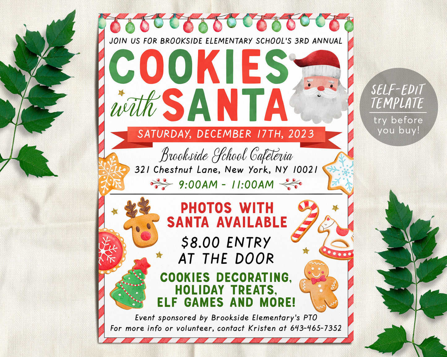 Cookies with Santa Flyer Editable Template, Photos with Santa Fundraiser Flyer, Kids Christmas Brunch Party Holiday, Church School PTO PTA