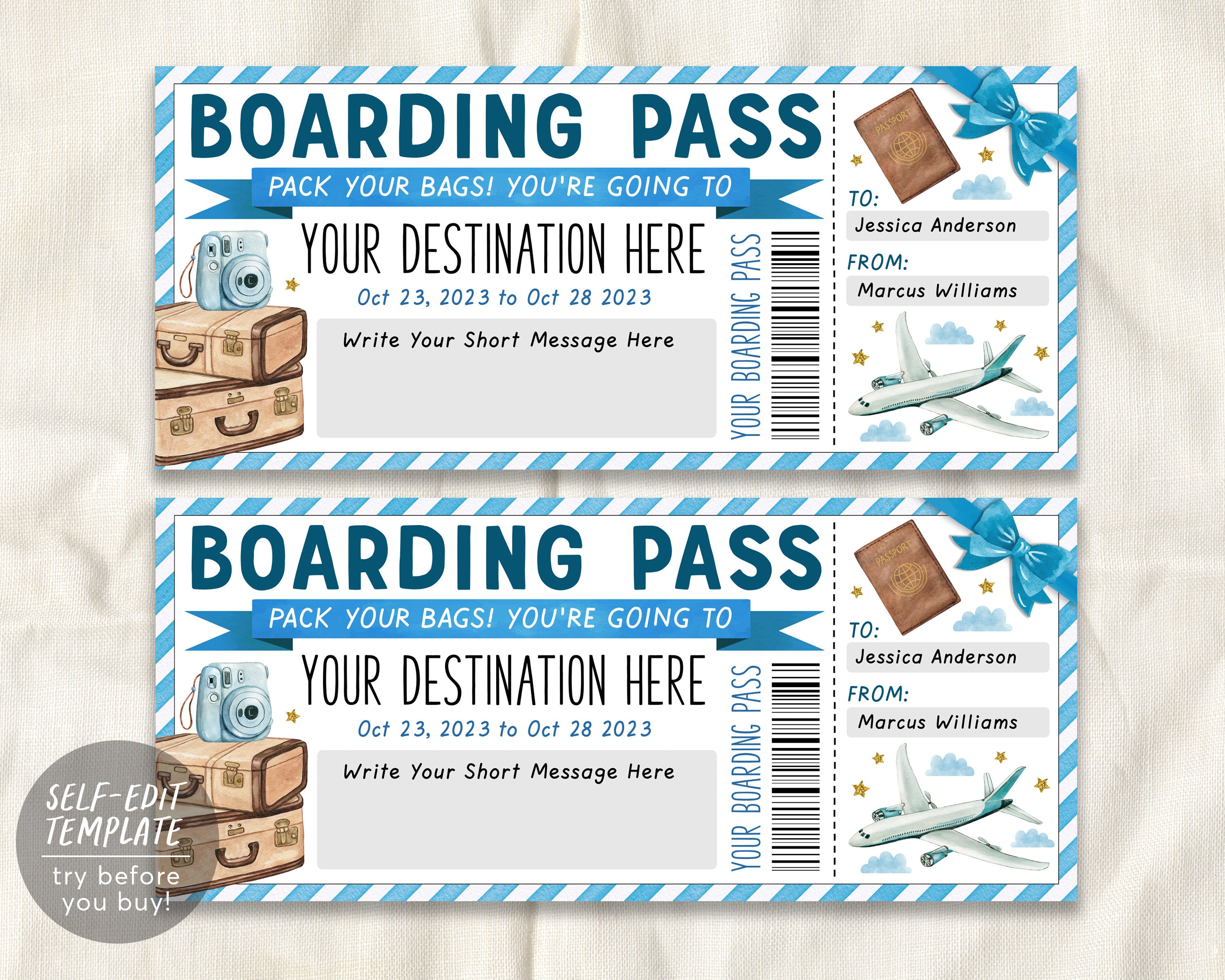 Boarding Pass Ticket Editable Template, Surprise Vacation Trip Holiday
