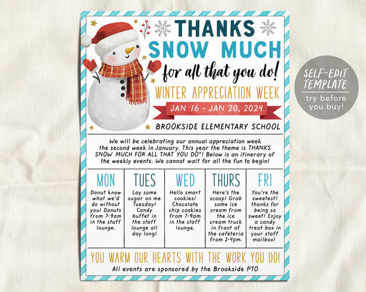 Winter Theme Teacher Staff Appreciation Week Itinerary Flyer Editable Template