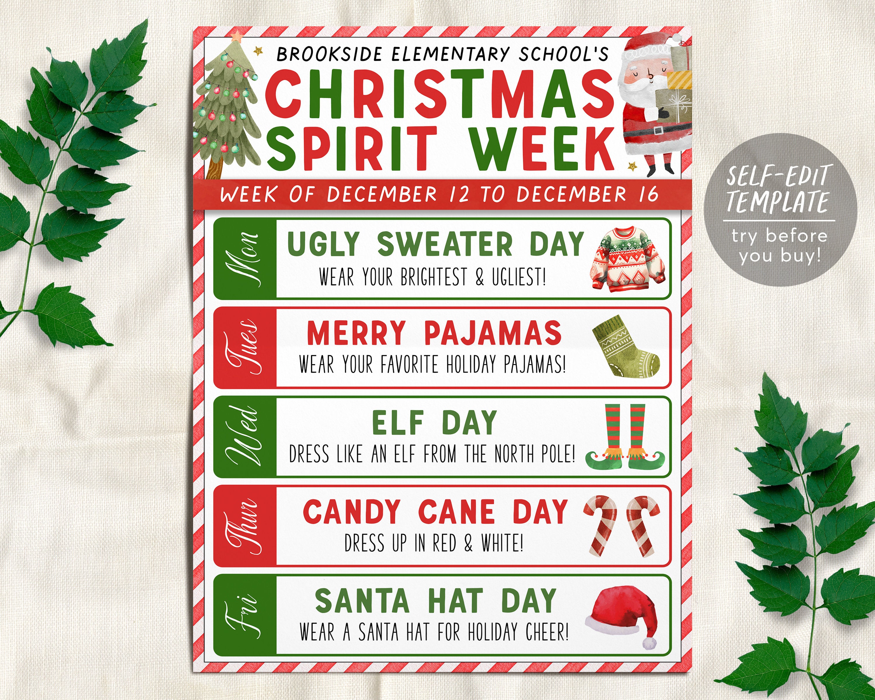 christmas spirit week itinerary schedule editable template, winter xmas school teacher staff appreciation week planner, calendar pta pto