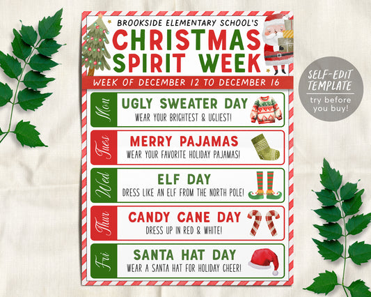 Christmas Spirit Week Itinerary Schedule Editable Template