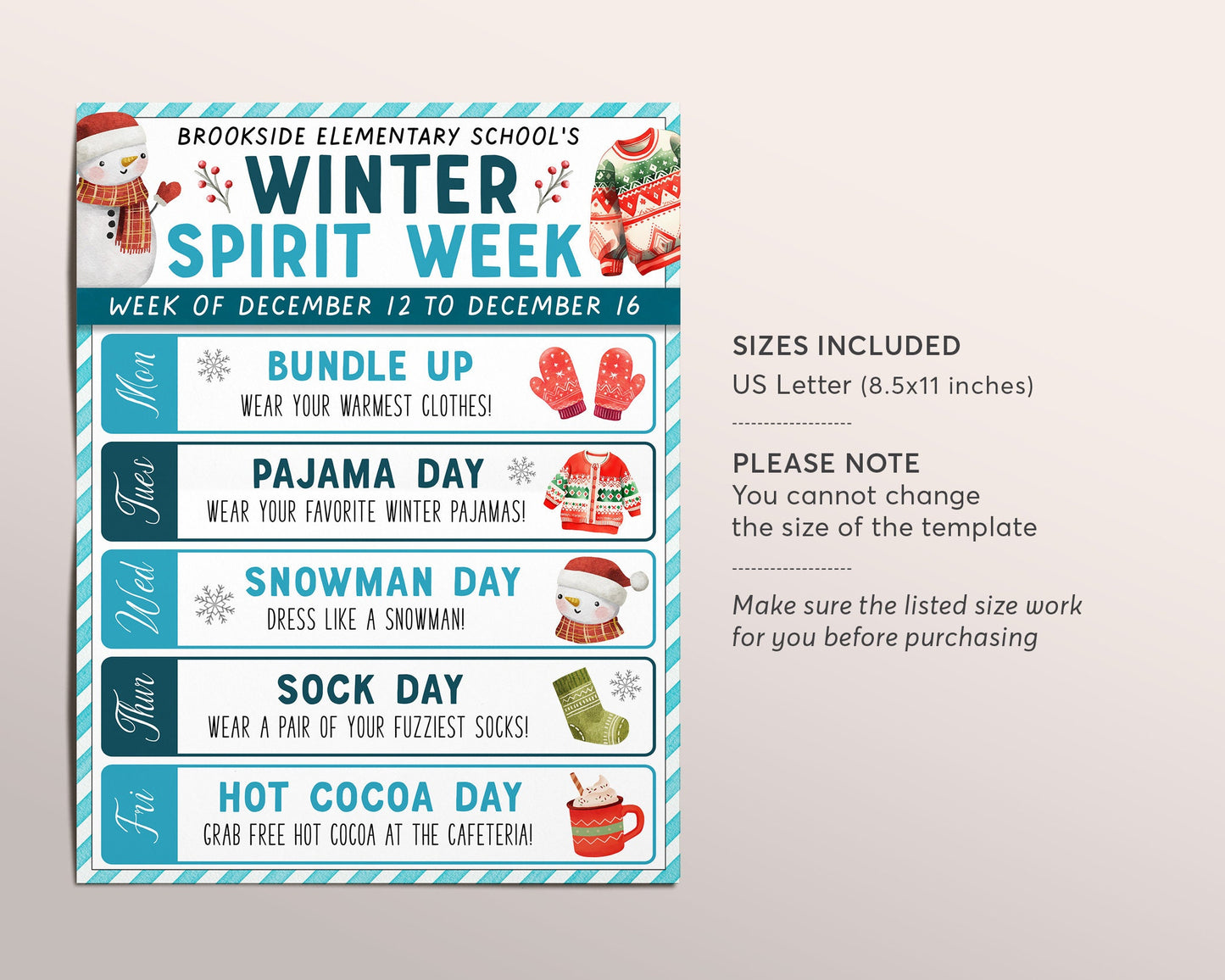 Winter Spirit Week Itinerary Schedule Editable Template, December School Event Teacher Staff Appreciation Week Planner, Calendar PTA PTO DIY