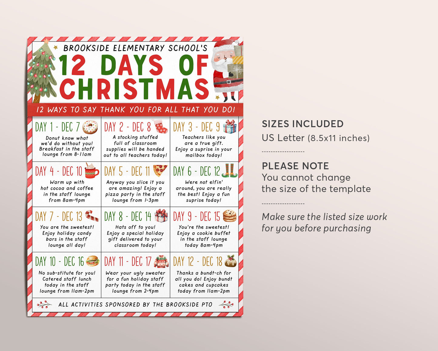 Christmas Holiday Appreciation Flyer Editable Template, 12 Days of Christmas Calendar School Teacher Staff Week Itinerary Planner PTA PTO