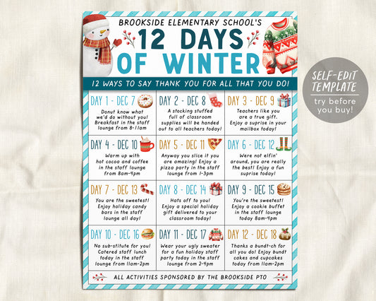 Winter Holiday Appreciation Flyer Editable Template, 12 Days of Christmas Calendar December School Teacher Staff Week Itinerary PTA PTO
