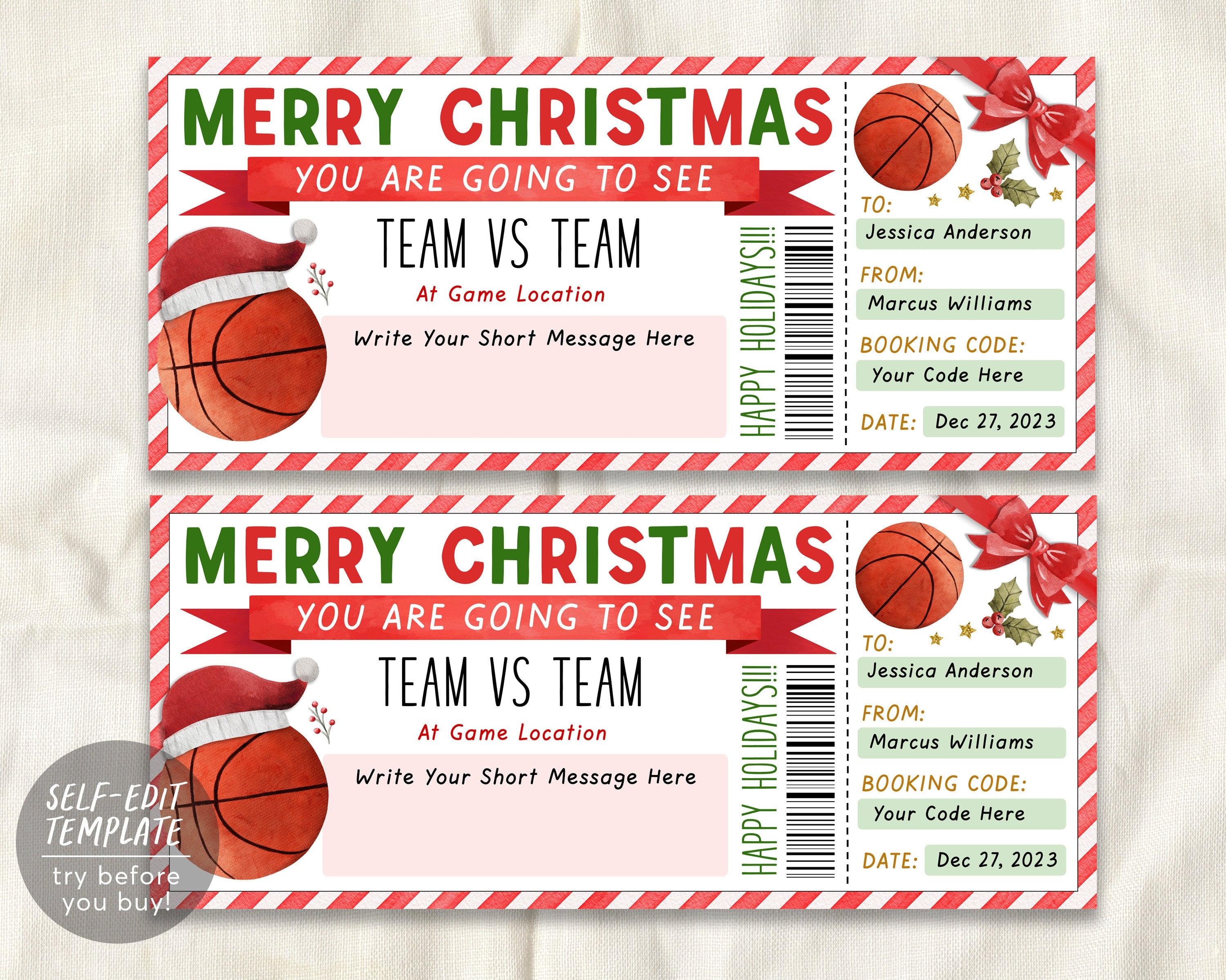 Basketball Game Christmas Gift Ticket Editable Template, Christmas Sur