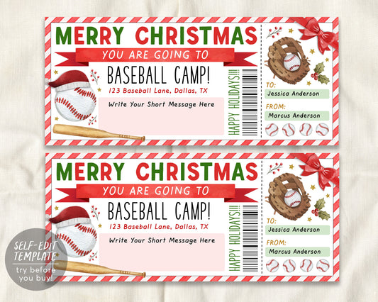 Christmas Baseball Camp Gift Ticket Editable Template