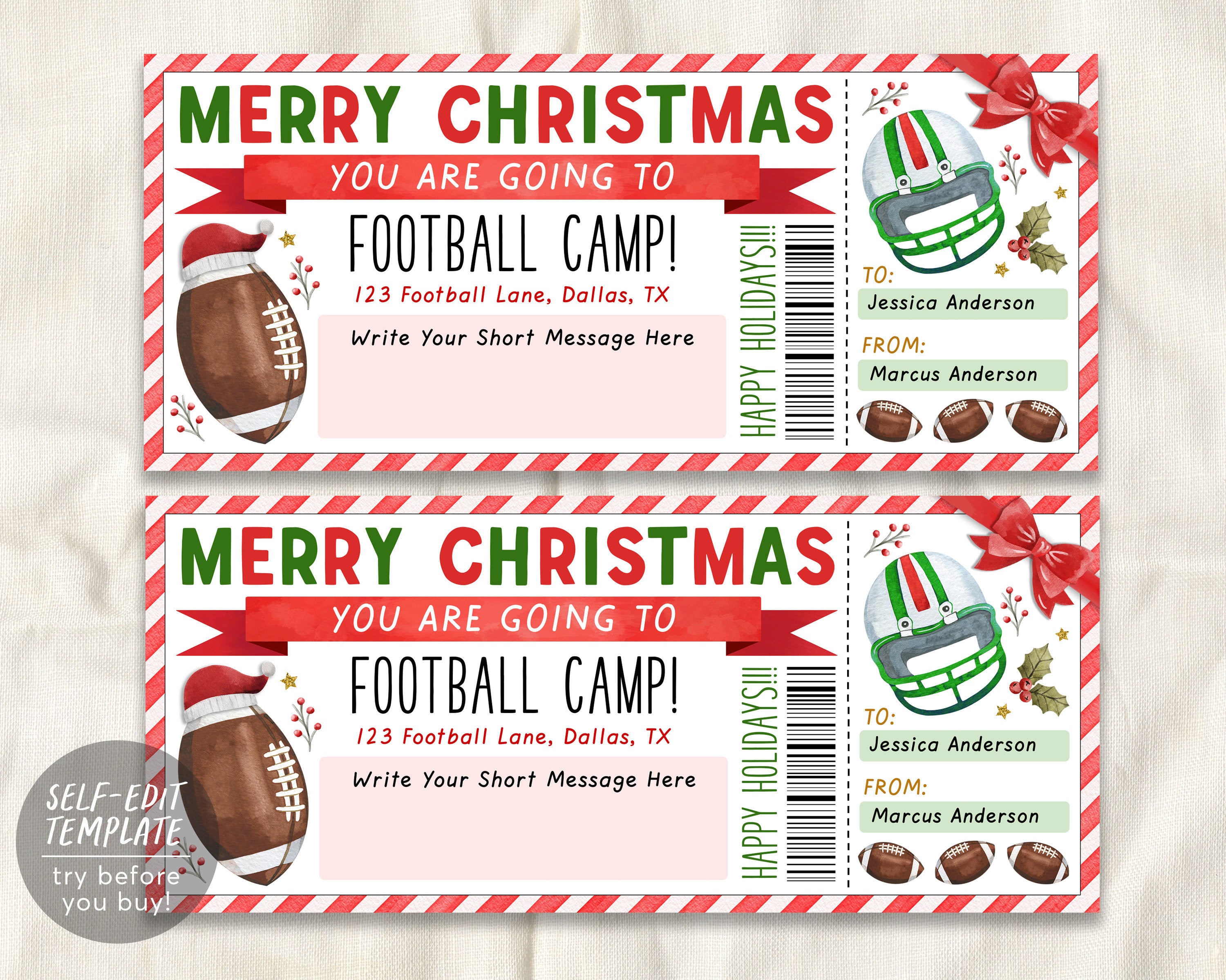 Christmas Football Camp Gift Ticket Editable Template, Surprise Traini –  Puff Paper Co